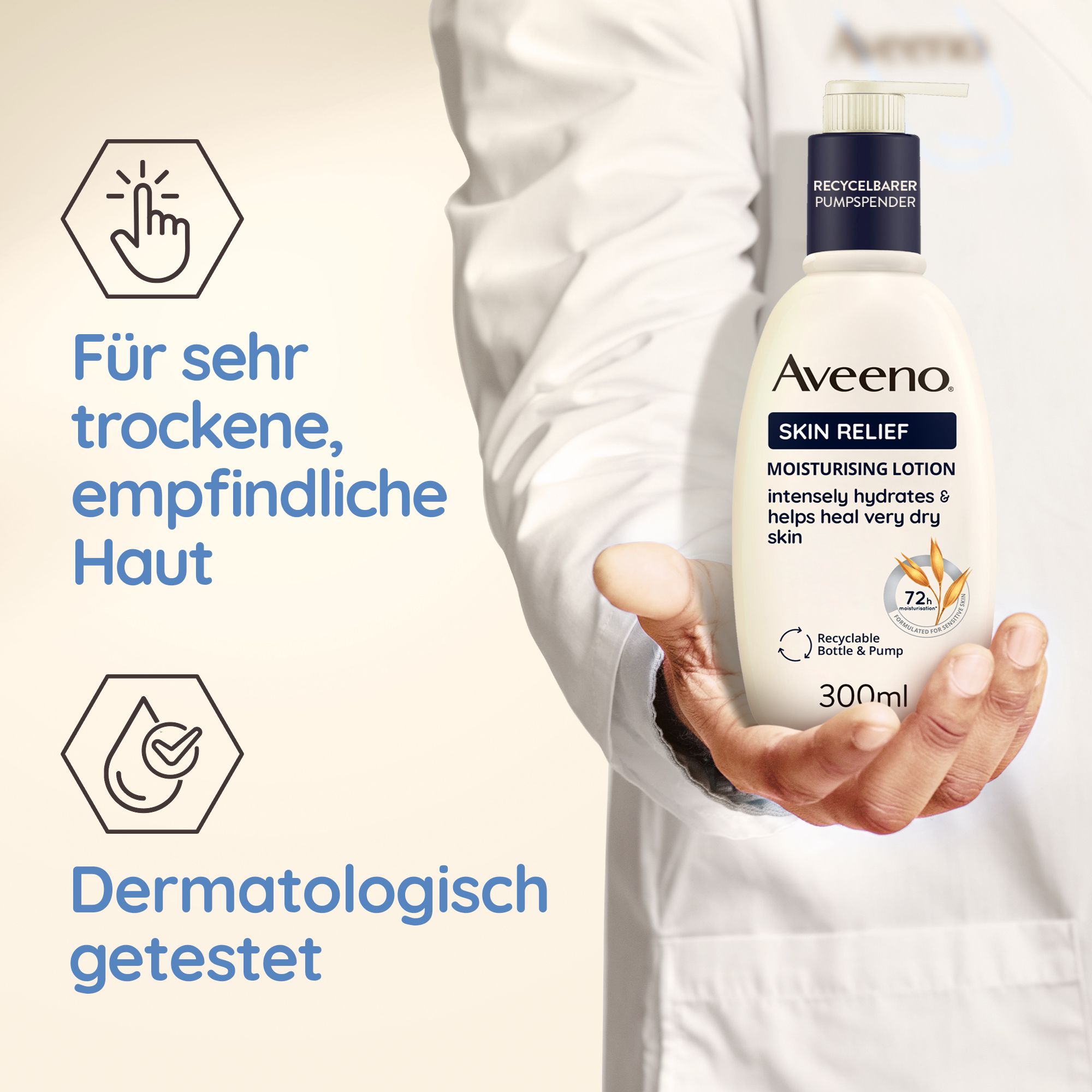 Person hält eine Flasche Aveeno Skin Relief Lotion. Text: Für sehr trockene, empfindliche Haut. Dermatologisch getestet.