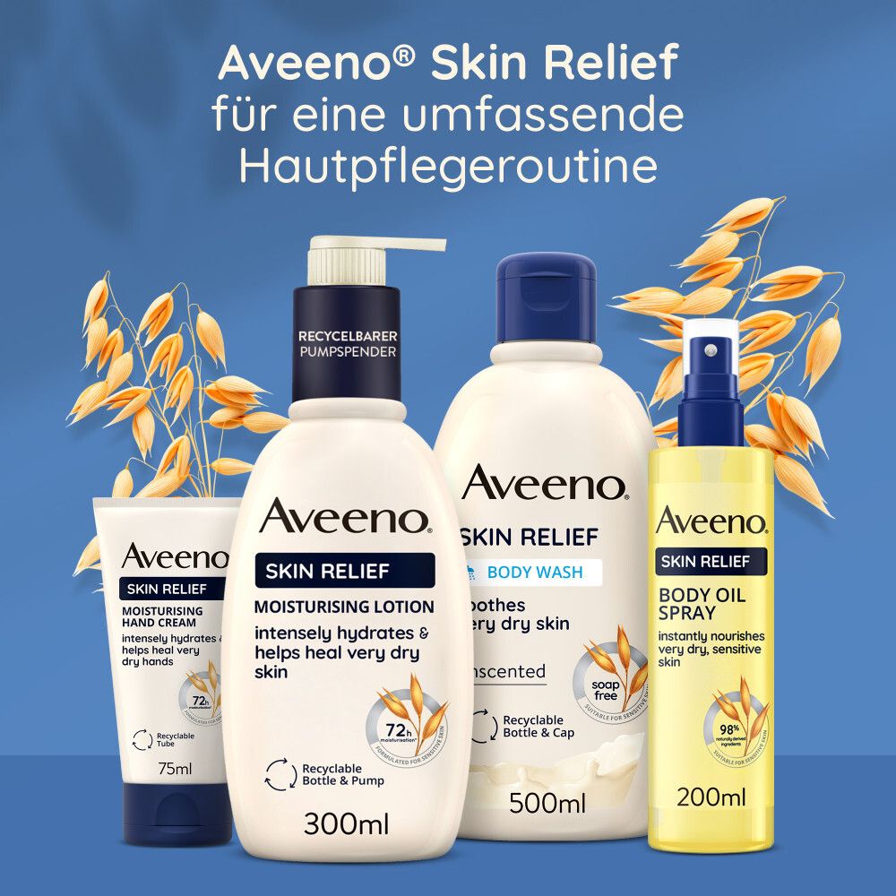 Aveeno Skin Relief Produktlinie: Handcreme, Lotion, Pflegedusche und Body Oil Spray. Alle mit Hafer-Symbol.