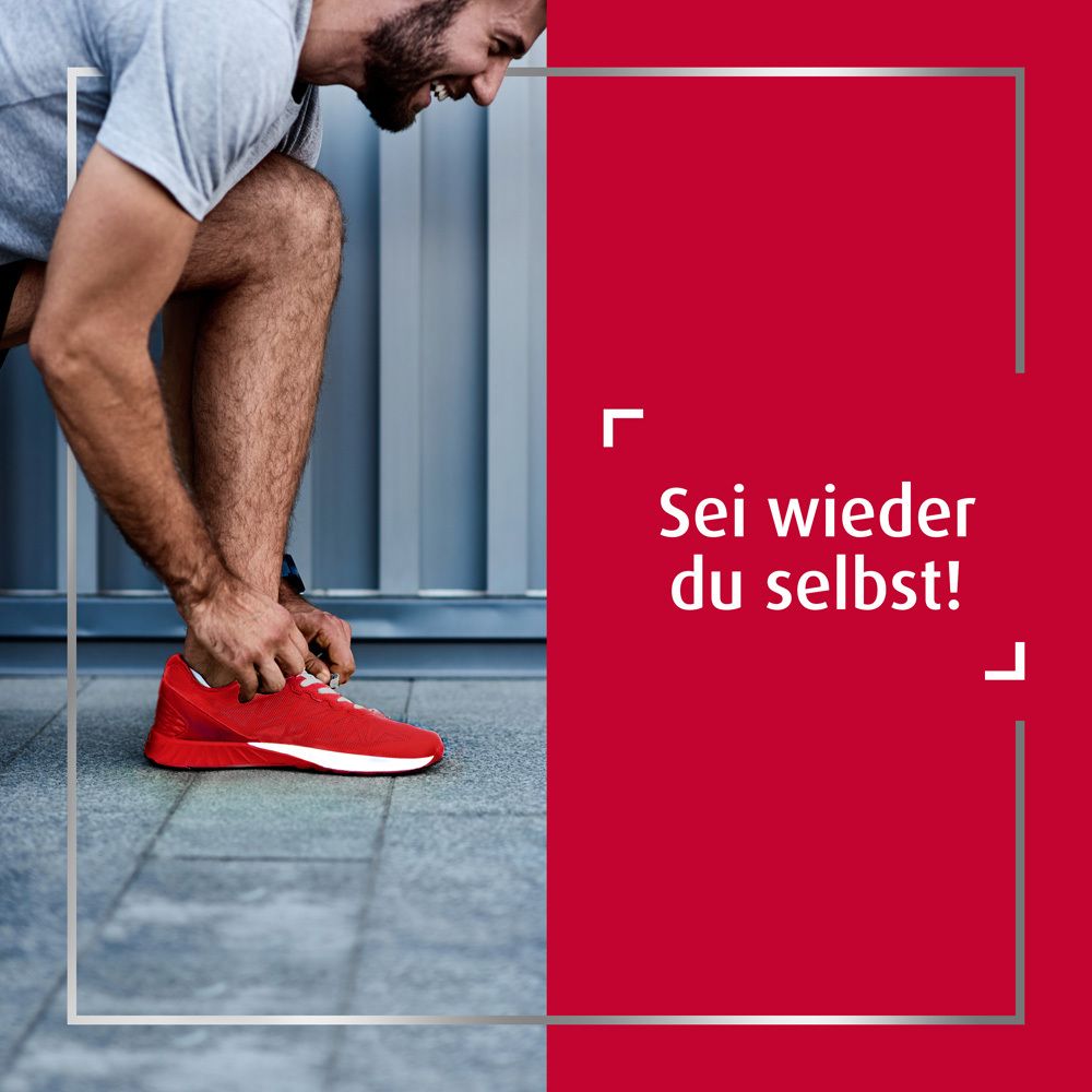 Mann bindet Schnürsenkel. Rote Schuhe. Text: Sei wieder du selbst!