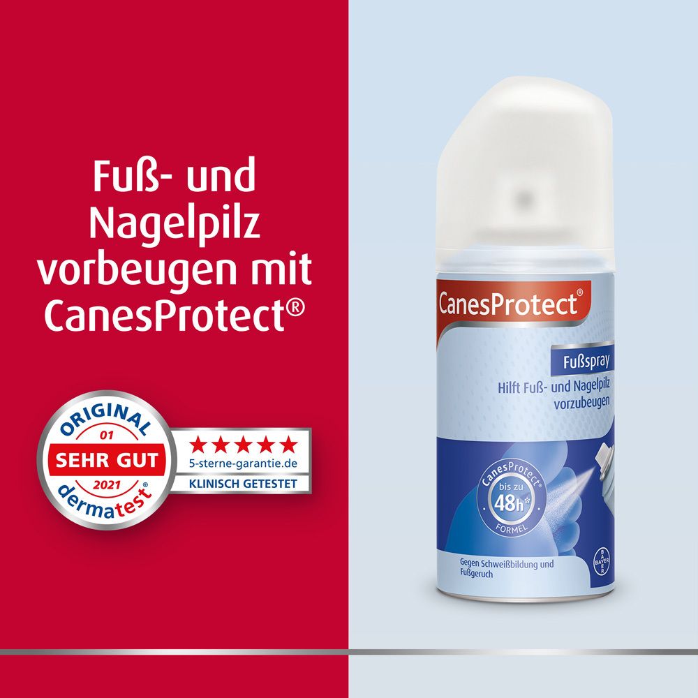 CanesProtect Fußspray. Weiße Flasche mit blauem Etikett und weißem Deckel. Text: Hilft Fuß- und Nagelpilz vorzubeugen. Mit Dermatest-Siegel.