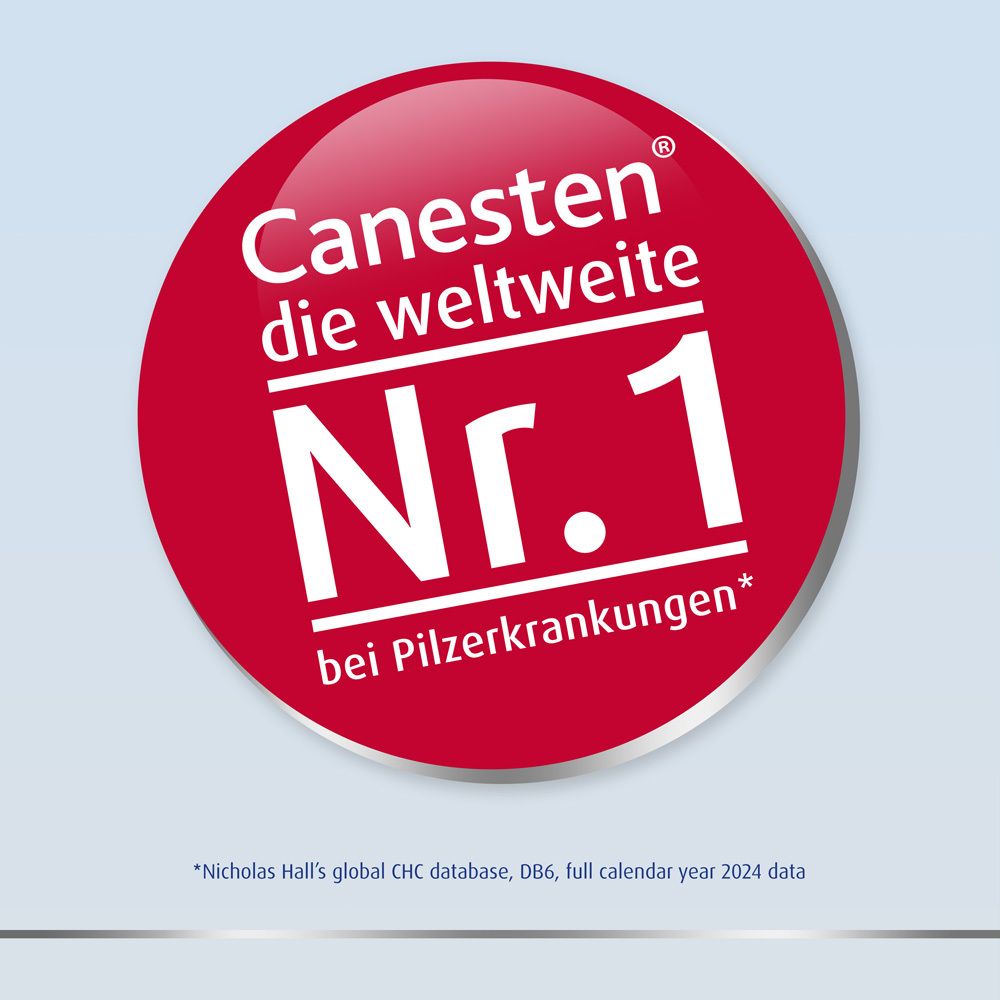 Roter Kreis mit Text: Canesten die weltweite Nr. 1 bei Pilzerkrankungen*.