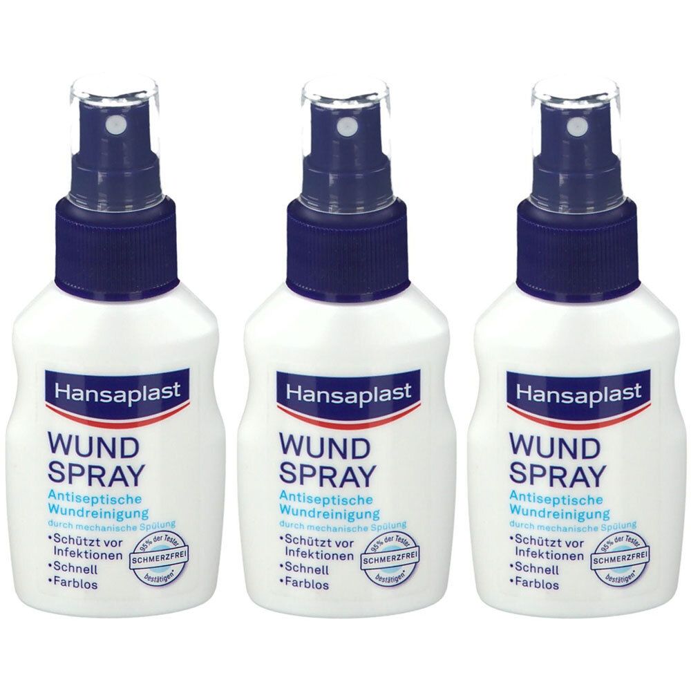 Drei Flaschen Hansaplast Wundspray. Weiße Flaschen mit blauem Deckel und Aufschrift. Produktname und weitere Informationen auf der Vorderseite.