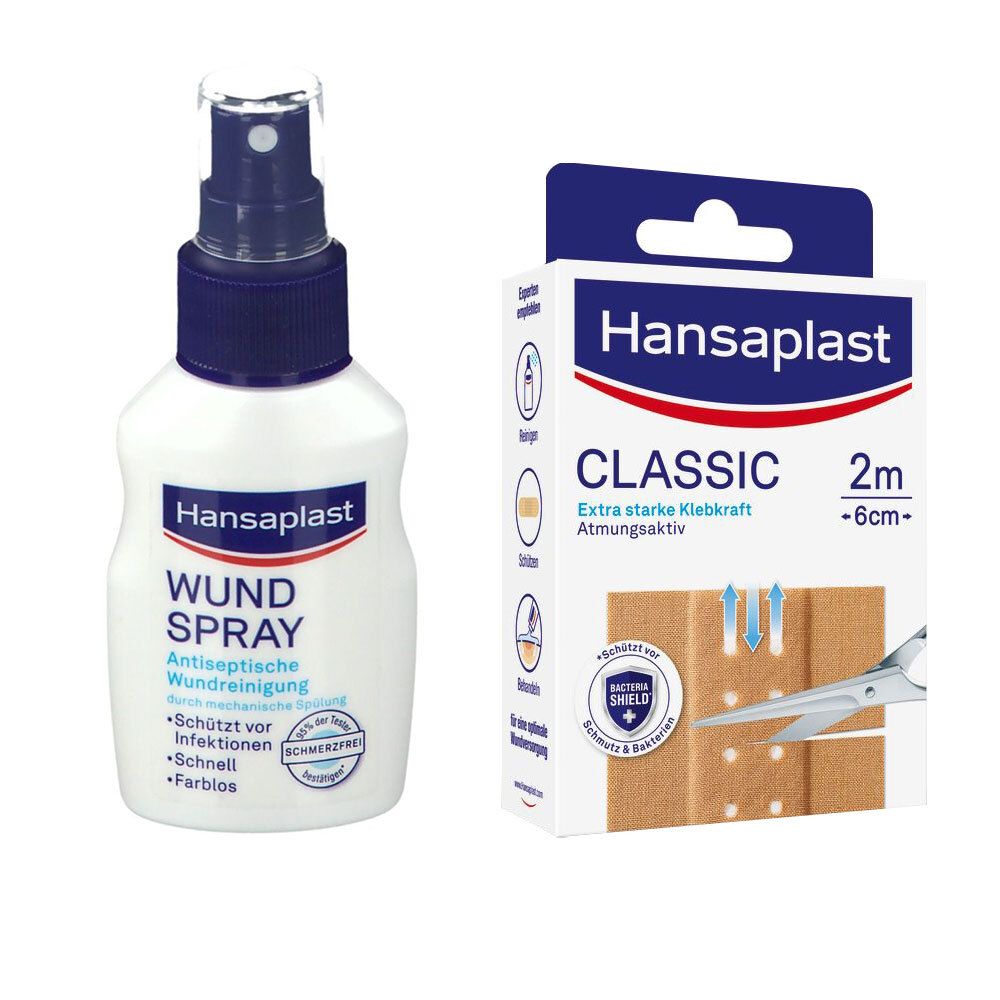 Wundspray-Flasche und Pflaster-Packung. Flasche mit Sprühkopf, Packung mit Produktabbildung und Schriftzug Hansaplast Classic.