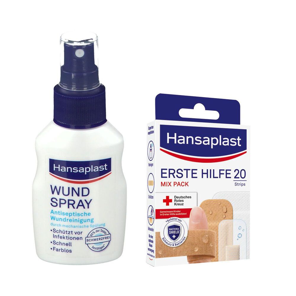 Wundspray-Flasche und Pflaster-Mix-Packung. Flasche weiß mit blauem Deckel. Packung mit Pflastern in verschiedenen Größen.