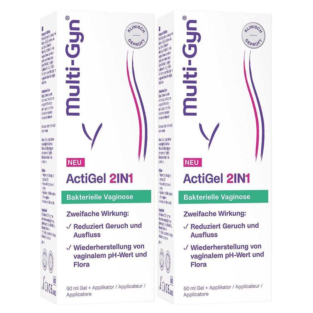 Zwei Packungen ActiGel 2IN1. Weiße Verpackung mit lila und pinkfarbenen Akzenten. Text: Multi-Gyn, ActiGel 2IN1, Bakterielle Vaginose.