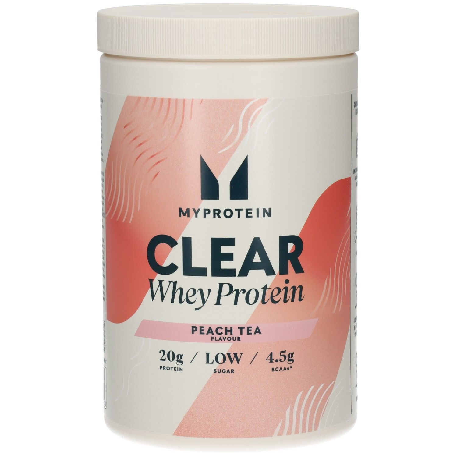 Zylinderförmige Dose mit weißem Deckel. Aufschrift: MYPROTEIN, CLEAR WHEY ISOLATE, PEACH TEA. 488g, 30 Portionen.