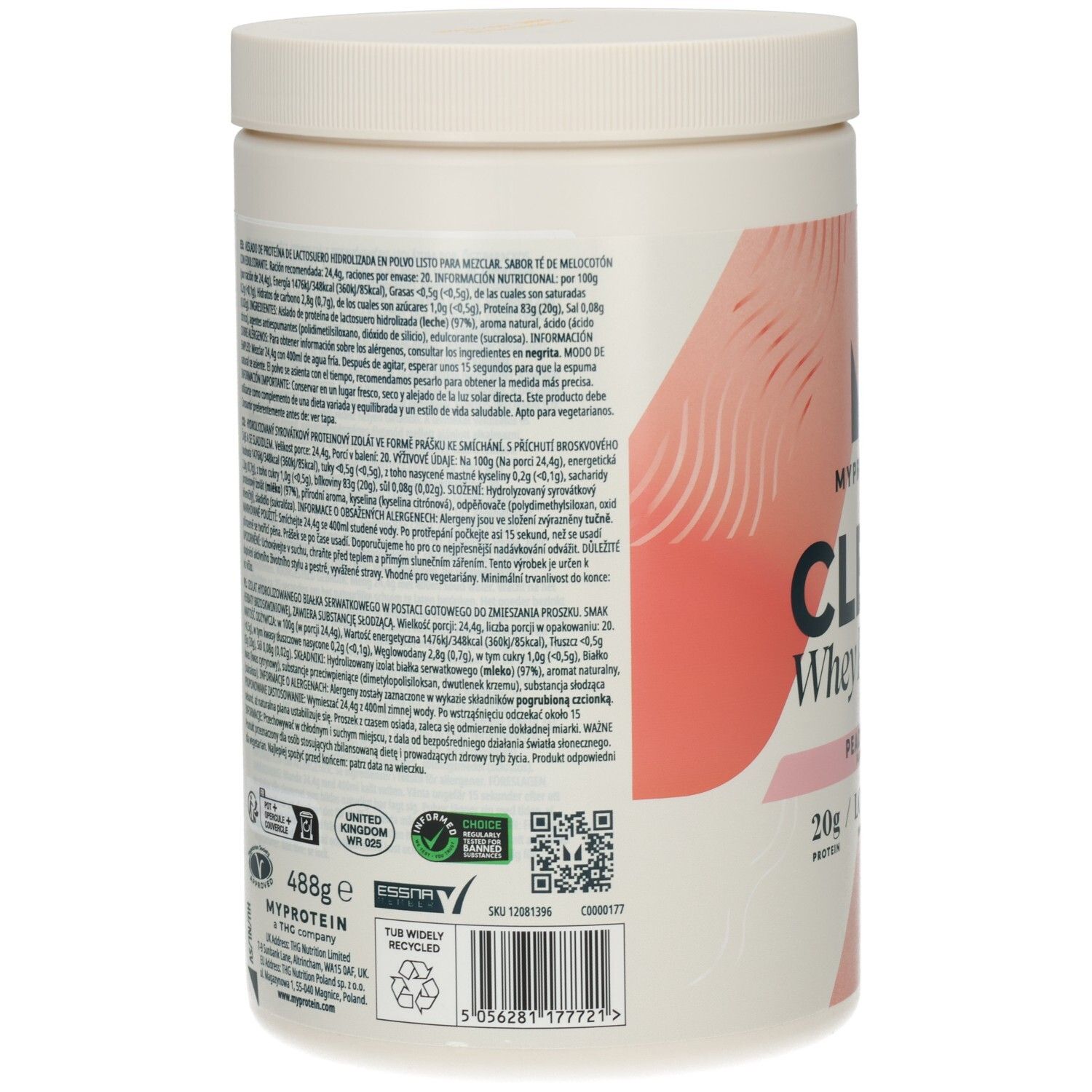 Rückseite der Dose. Text in mehreren Sprachen. Barcode und Logo von MYPROTEIN.