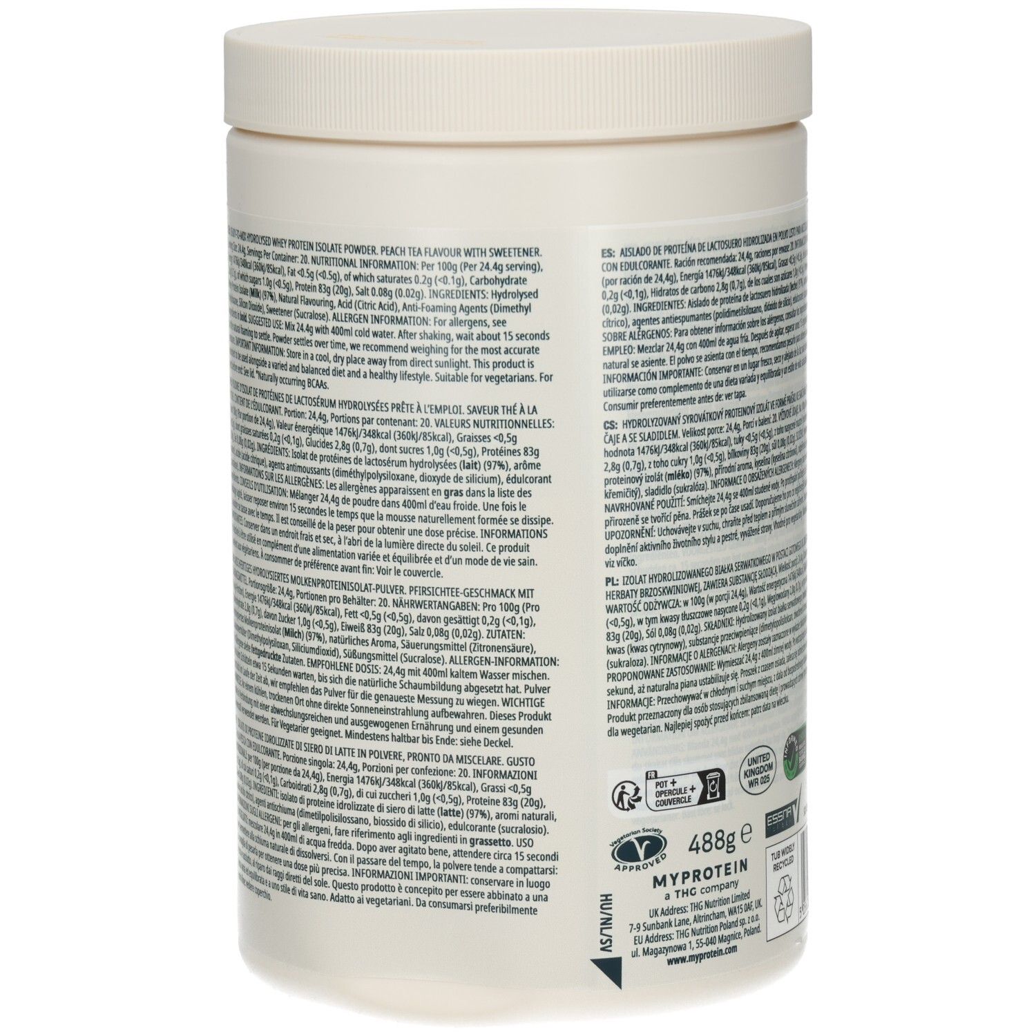 Rückseite der Dose mit Nährwertangaben und Text in mehreren Sprachen. Barcode.