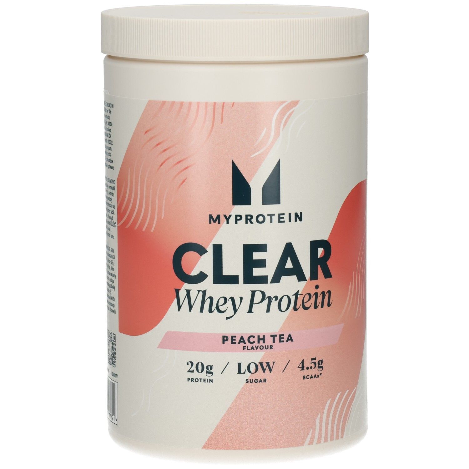 Zylinderförmige Dose mit weißem Deckel. Aufschrift: MYPROTEIN, CLEAR WHEY ISOLATE, PEACH TEA. 488g, 30 Portionen.