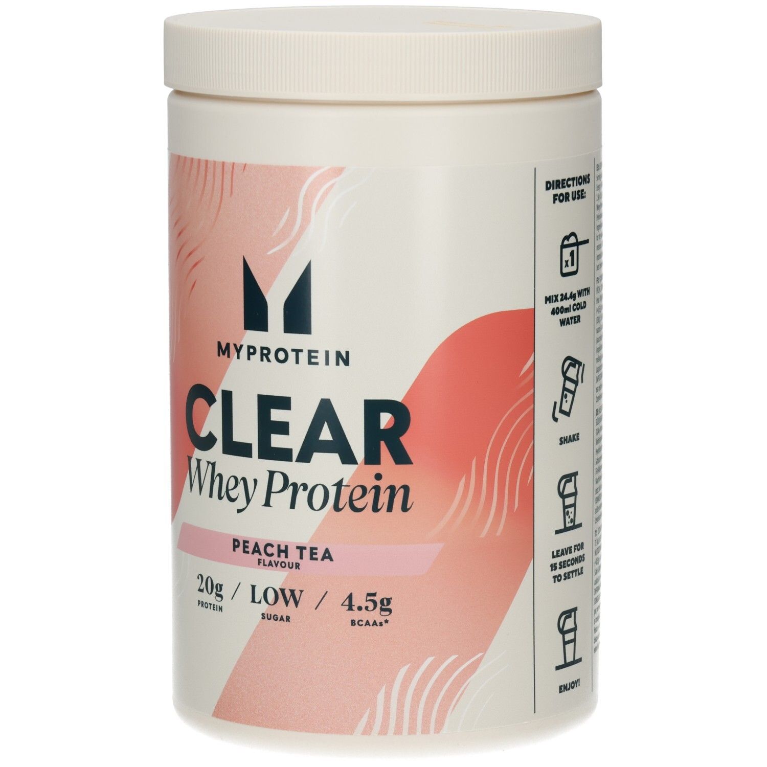 Zylinderförmige Dose mit weißem Deckel. Aufschrift: MYPROTEIN, CLEAR WHEY ISOLATE, PEACH TEA. 488g, 30 Portionen. Anweisungen.