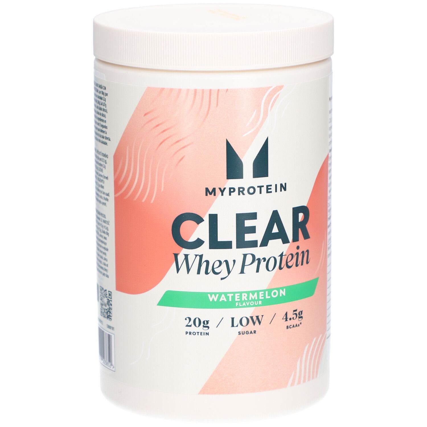 Weißer Behälter mit Deckel. Aufschrift: MYPROTEIN, CLEAR Whey Protein, Watermelon. Angaben zu Protein, Zucker und BCAAs.