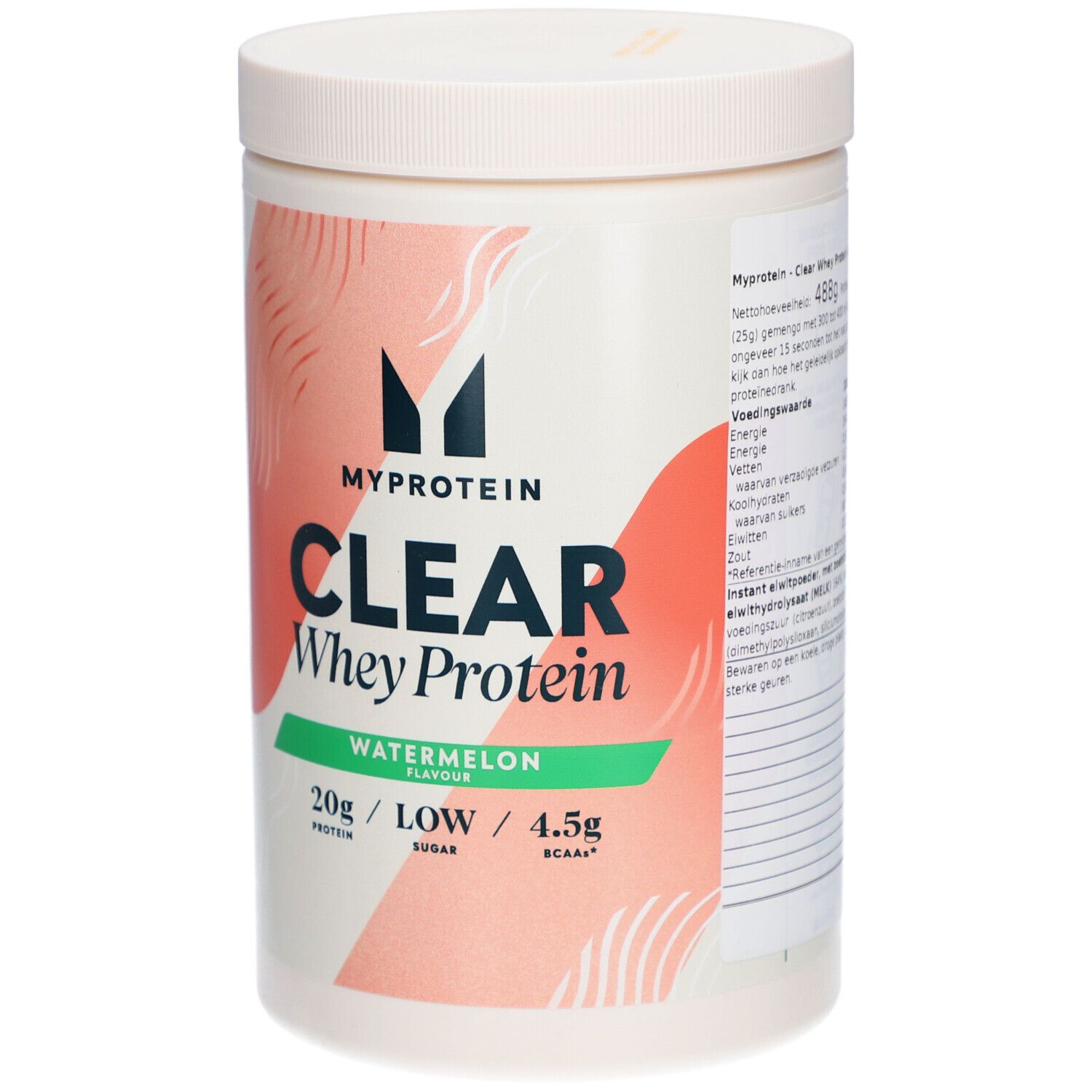 Weißer Behälter mit Deckel. Aufschrift: MYPROTEIN, CLEAR Whey Protein, Watermelon. Angaben zu Protein, Zucker und BCAAs.