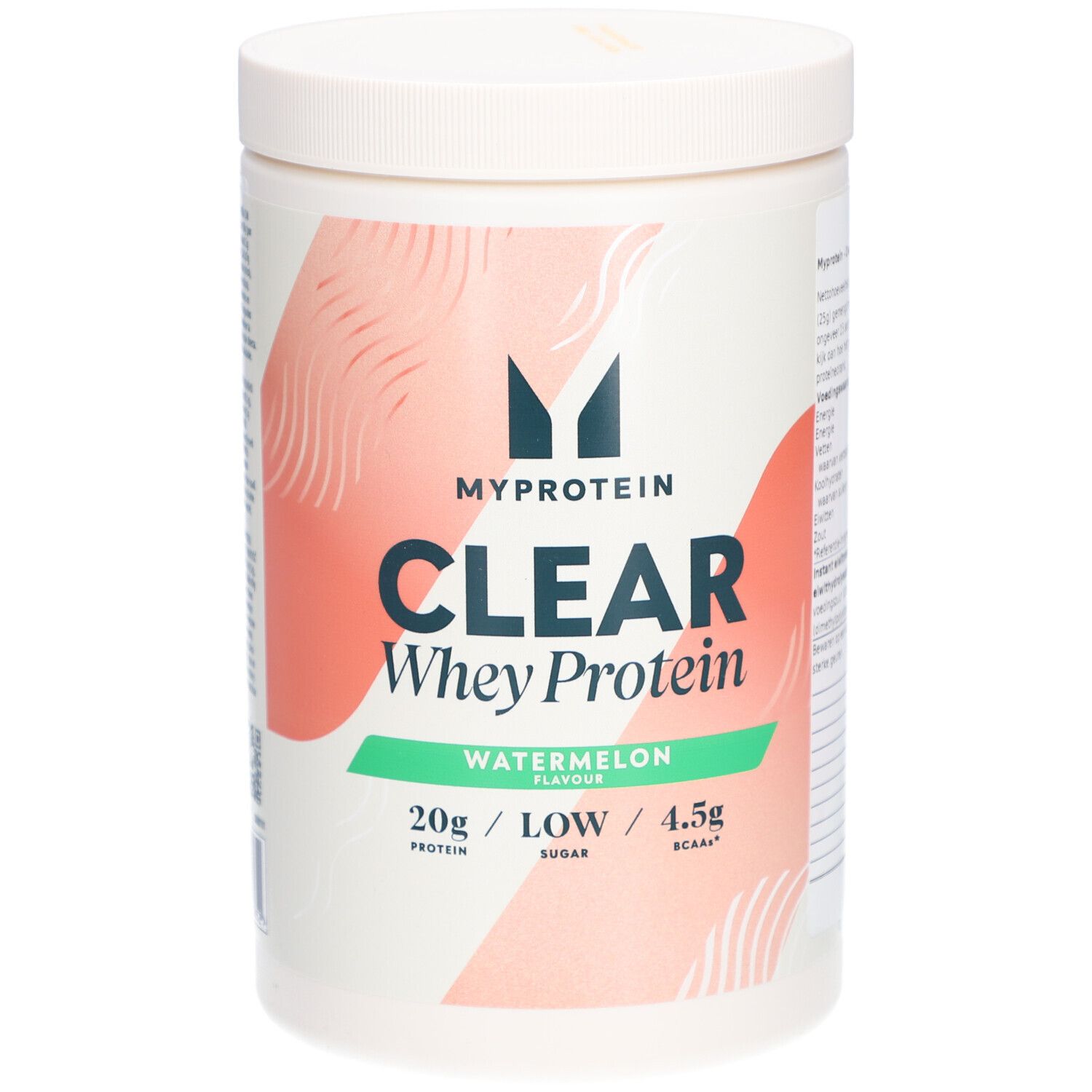 Weißer Behälter mit Deckel. Aufschrift: MYPROTEIN, CLEAR Whey Protein, Watermelon. Angaben zu Protein, Zucker und BCAAs.