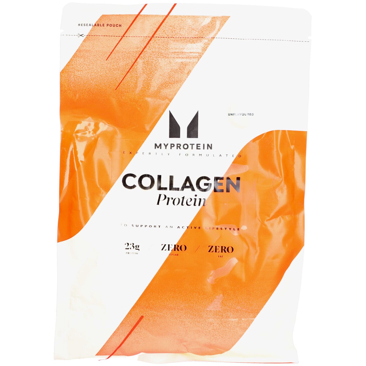 Beutel mit "MyProtein Collagen Protein". Weiß mit orangefarbenen Akzenten. Enthält 23g Protein. Reißverschluss oben.