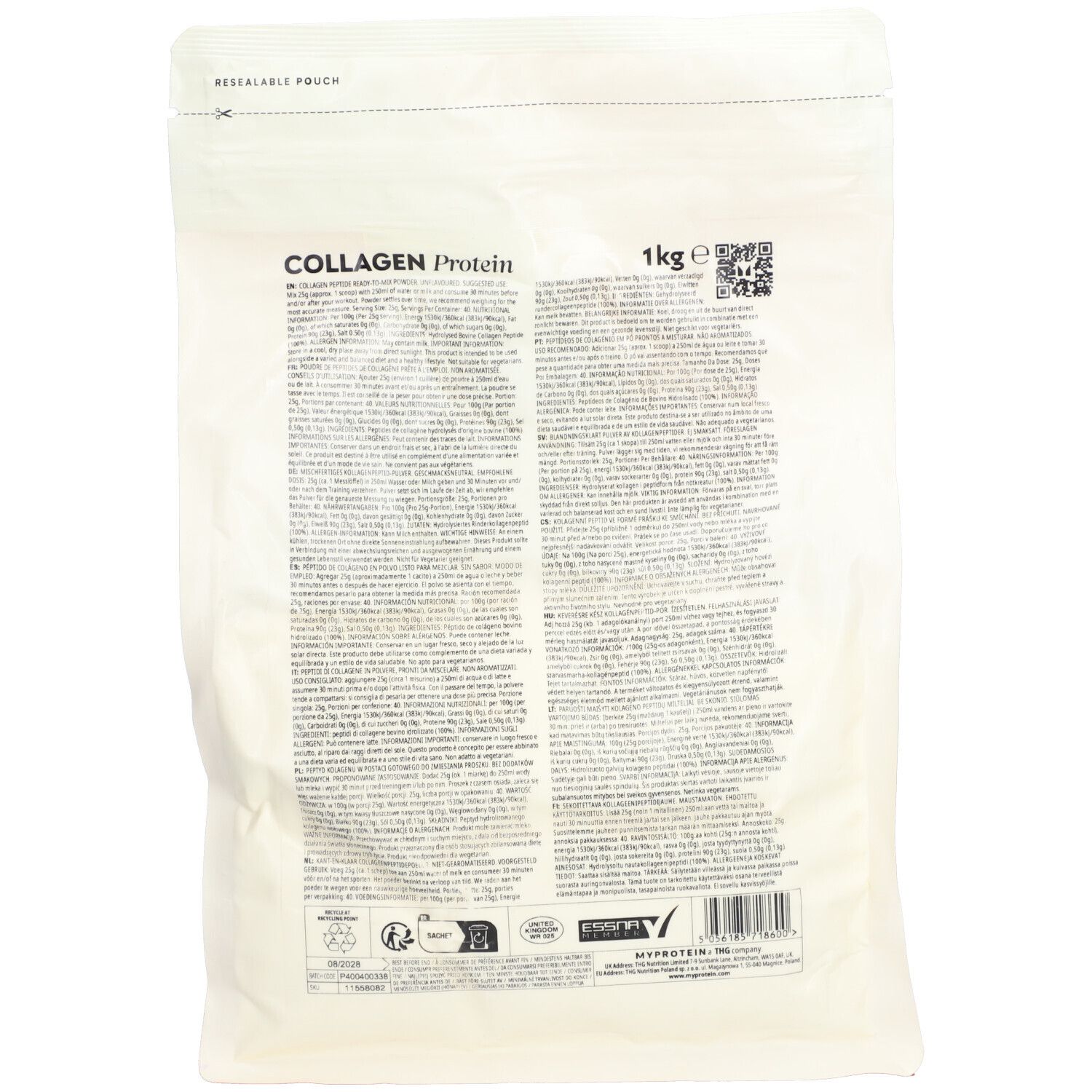 Rückseite des "MyProtein Collagen Protein" Beutels. Enthält Text und das 1kg-Gewicht. Mit QR-Code und Zertifizierungen.
