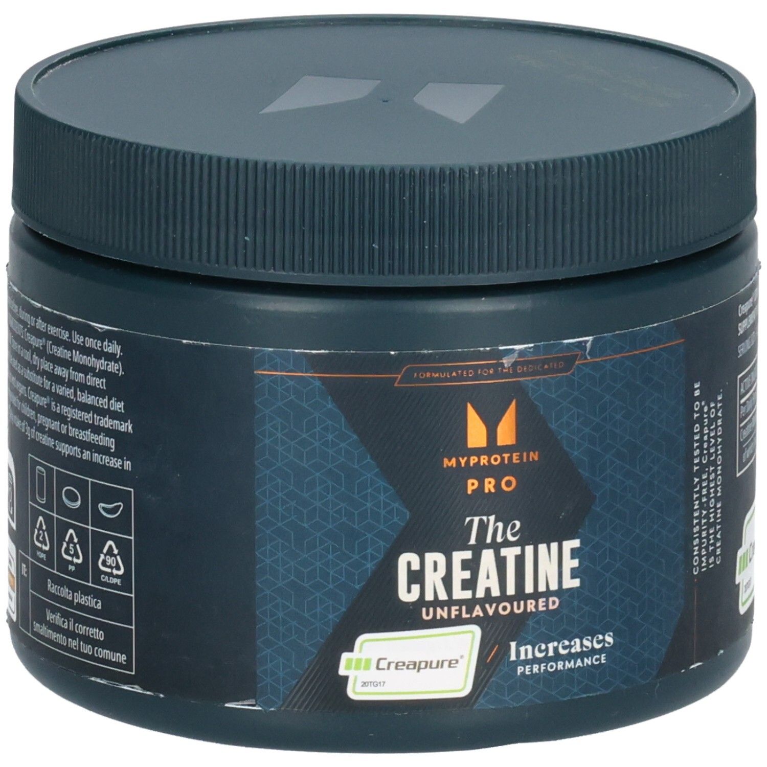 Dunkelgrüne Dose mit Deckel. Aufschrift: Myprotein Pro, The Creatine Unflavoured. Creapure-Logo. Erhöht die Leistung.