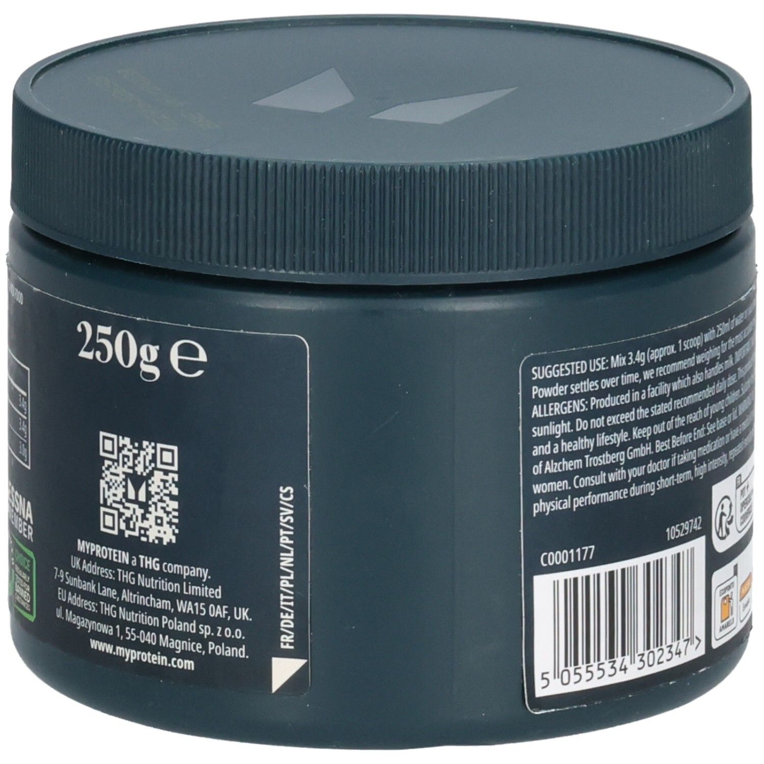 Dose mit Deckel. Aufschrift: 250g. QR-Code. Myprotein-Logo und Adresse. Barcode und Chargennummer.
