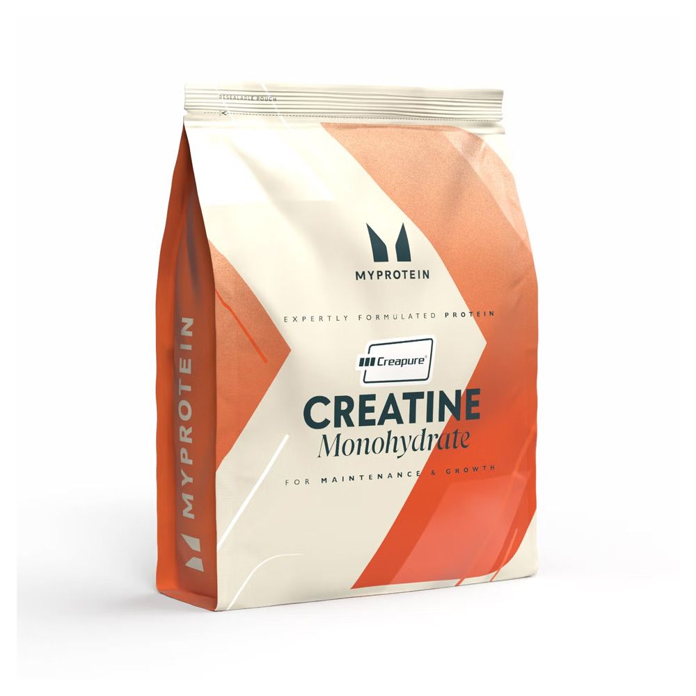 Beutel mit Myprotein Creatine Monohydrate. Orange-weißes Design mit Produktnamen und Logo.