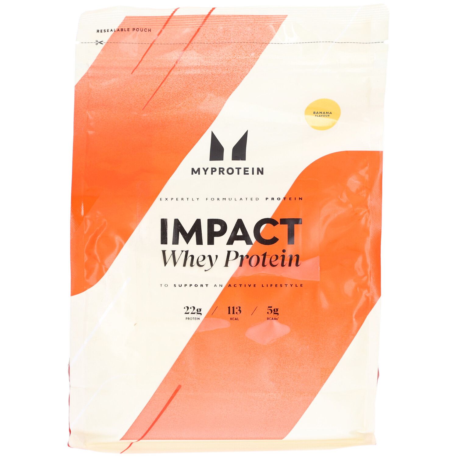 Beutel mit Myprotein Impact Whey Protein. Weiß und orange. Aufschrift: Impact Whey Protein, Banana.