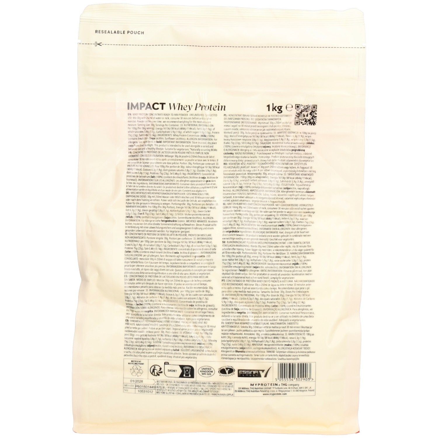 Rückseite der Myprotein Impact Whey Protein Verpackung. Enthält Text, Logos und Informationen. 1kg Packung.