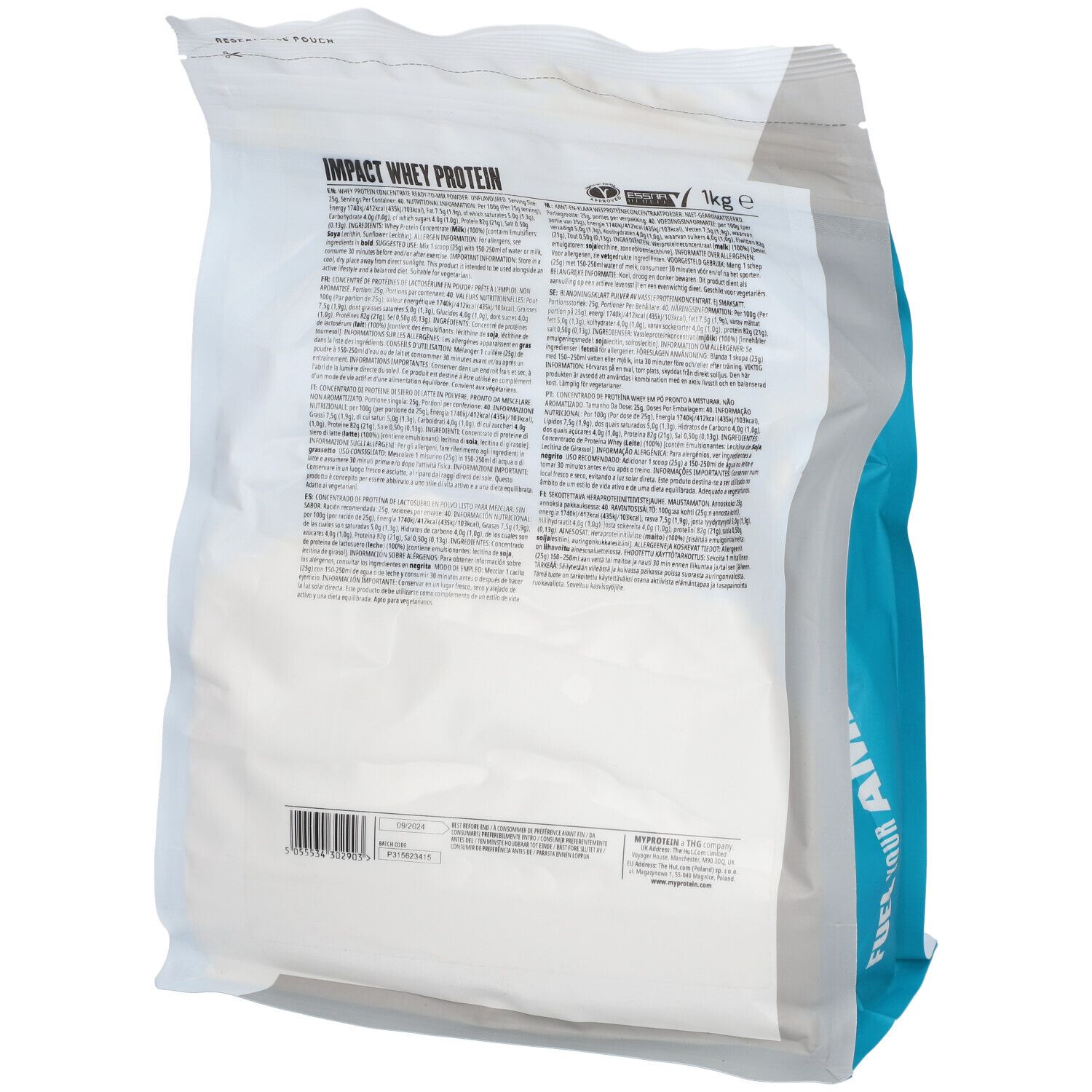 Rückansicht der Myprotein Impact Whey Protein Verpackung. Weißer Beutel mit Text und Logos. 1kg.