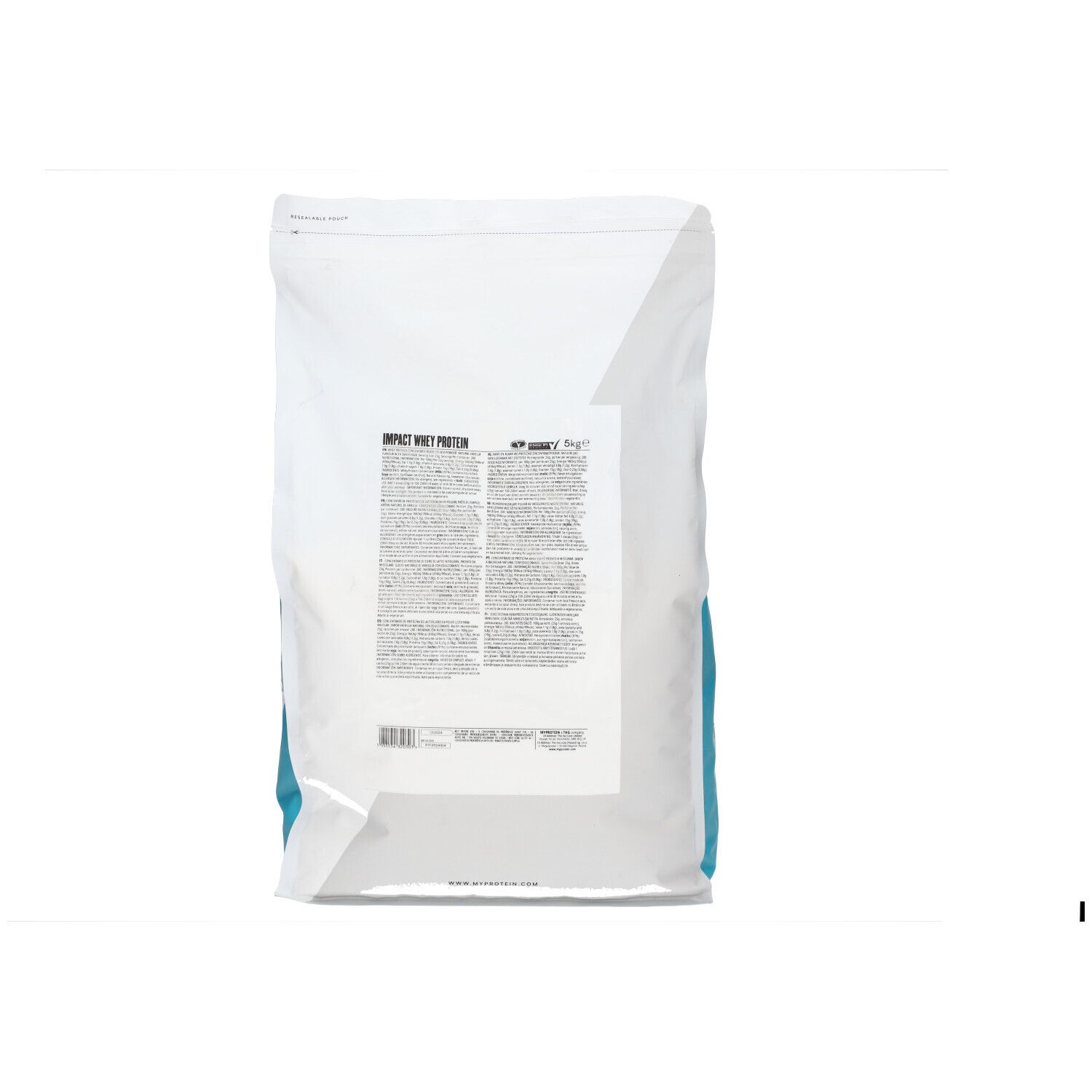 Wei
Protein-Beutel. Aufschrift "Impact Whey Protein". Rückseite mit Text. Weißer Beutel mit blauem Akzent.