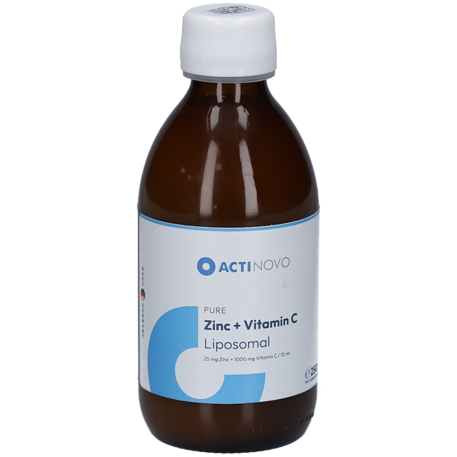 Braune Glasflasche mit weißem Deckel und Etikett. Auf dem Etikett steht ACTINOVO PURE, ZINC + C LIPOSOMAL.