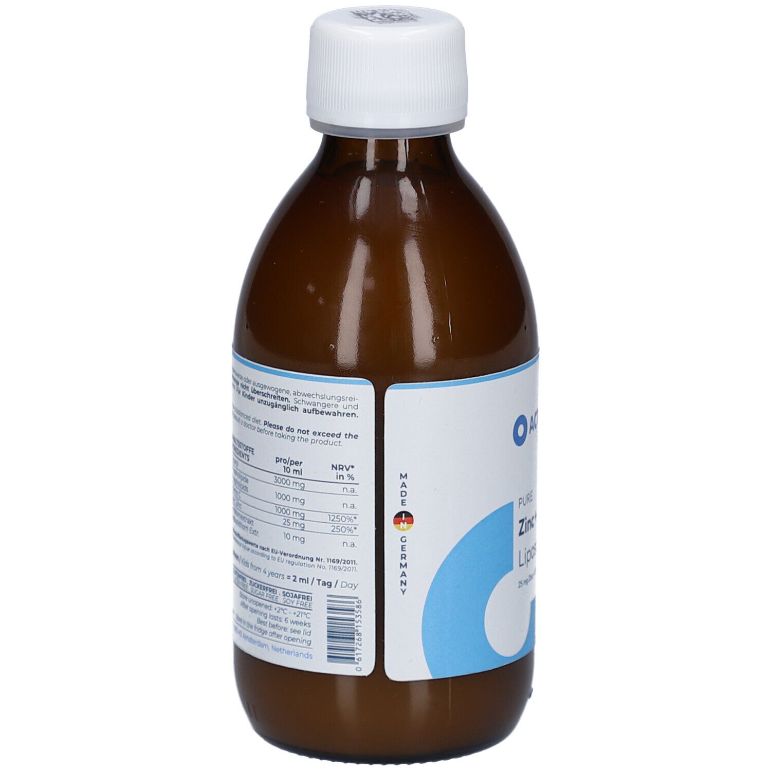 Braune Glasflasche mit weißem Deckel. Rückseite mit blauem Etikett und Text. Enthält Informationen über Inhaltsstoffe und Hersteller.