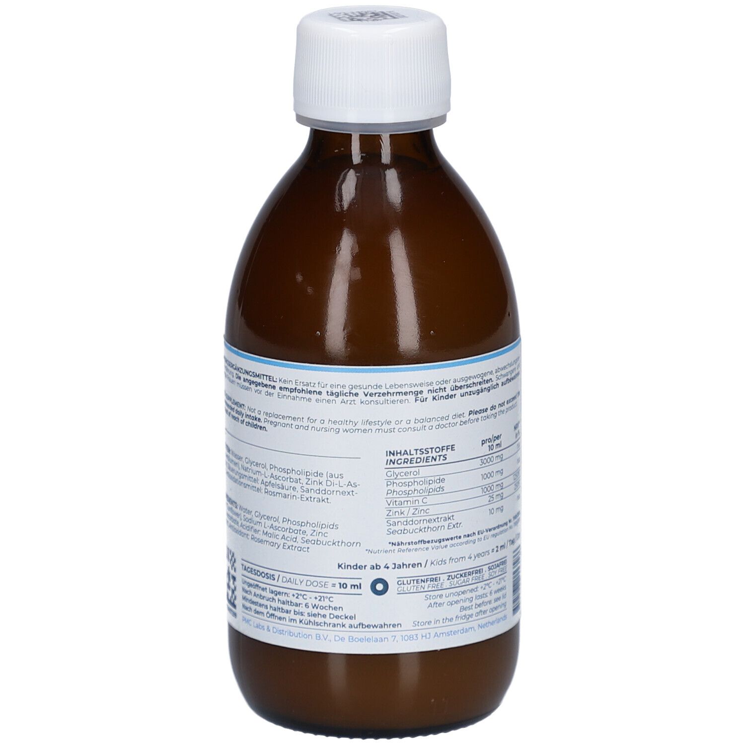 Braune Glasflasche mit weißem Deckel. Rückseite mit blauem Etikett und Text. Enthält Informationen über Inhaltsstoffe und Hersteller.