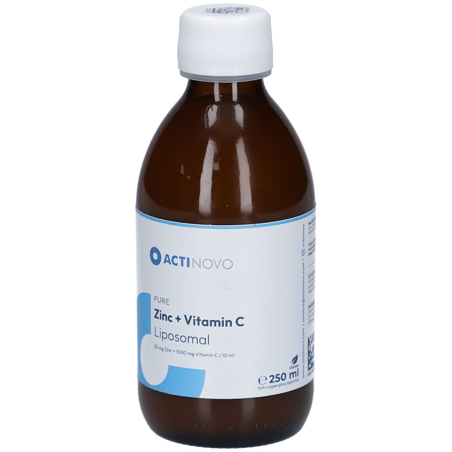 Braune Glasflasche mit weißem Deckel und Etikett. Auf dem Etikett steht ACTINOVO PURE, ZINC + C LIPOSOMAL.