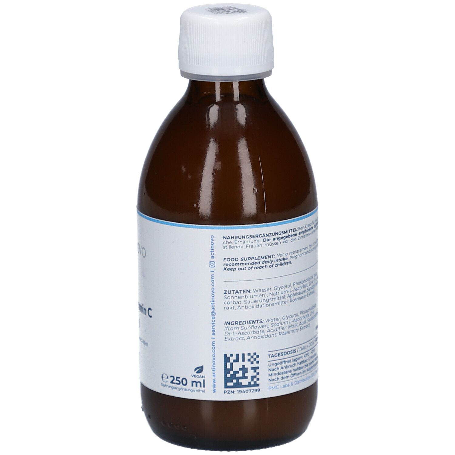 Braune Glasflasche mit weißem Deckel und Etikett. Auf dem Etikett steht ACTINOVO PURE, ZINC + C LIPOSOMAL. Vegan-Logo.