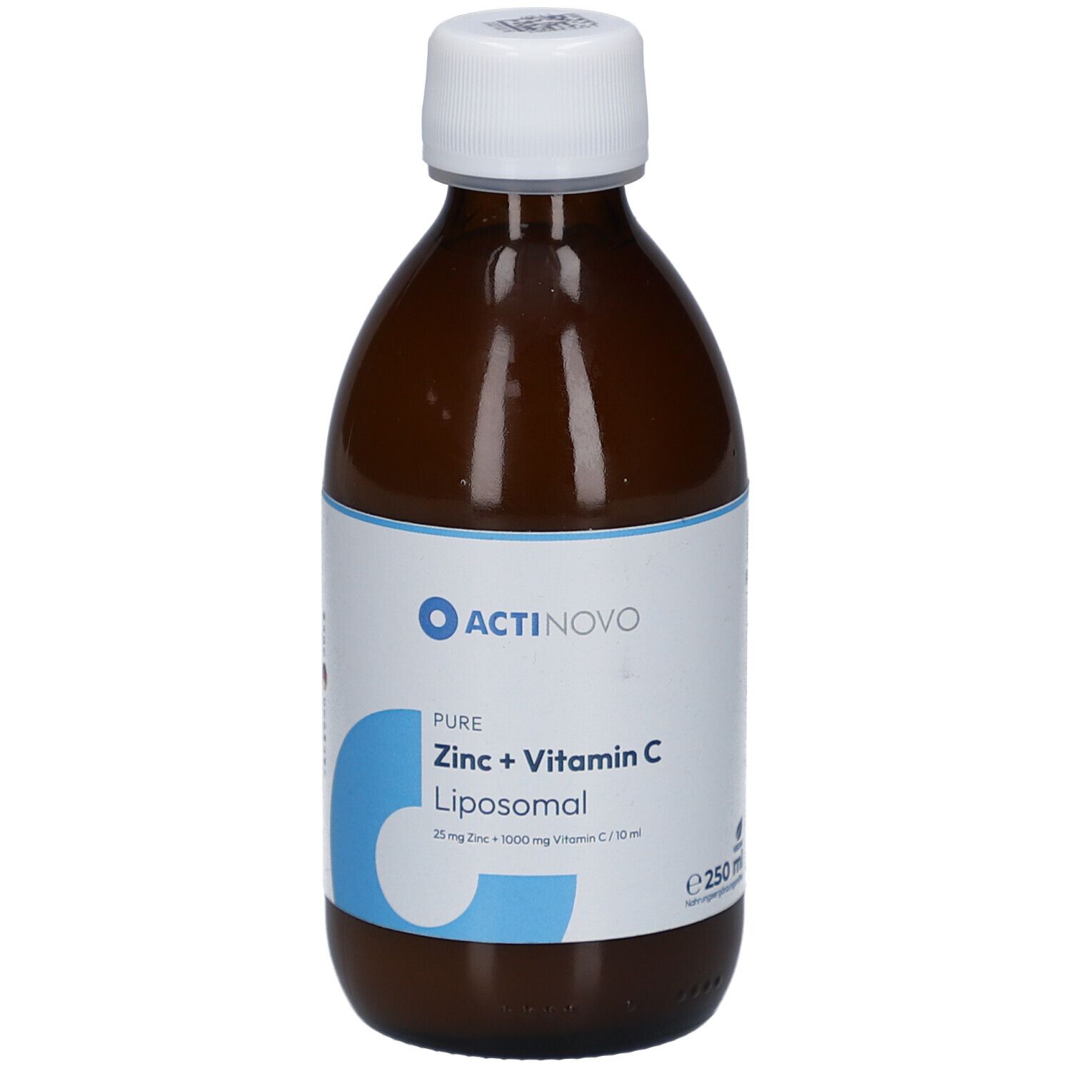 Braune Glasflasche mit weißem Deckel und Etikett. Auf dem Etikett steht ACTINOVO PURE, ZINC + C LIPOSOMAL.