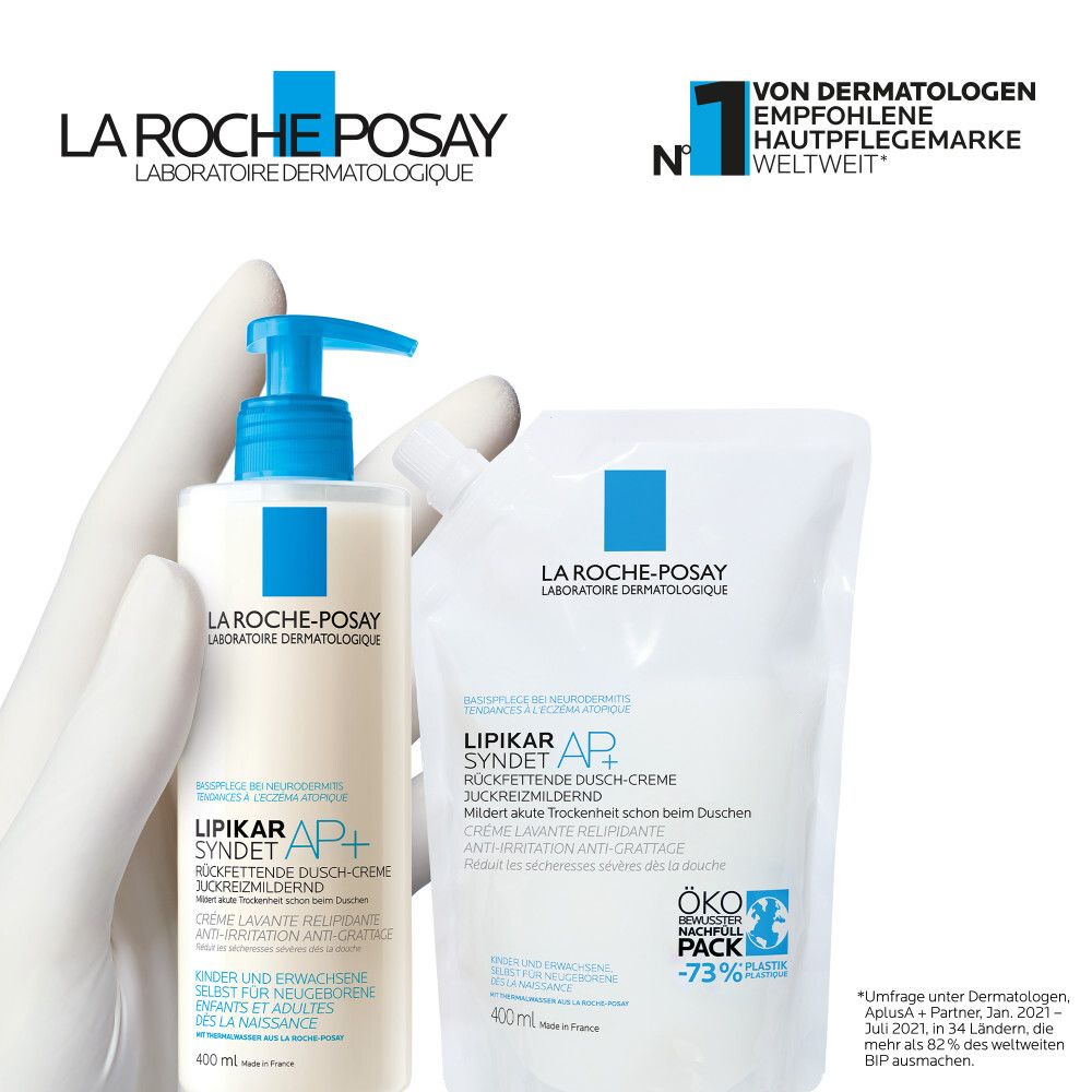 La Roche-Posay LIPIKAR SYNDET AP+ und Nachfüllpackung. Weißes Produkt mit blauem Logo. Von Dermatologen empfohlen. 400ml.