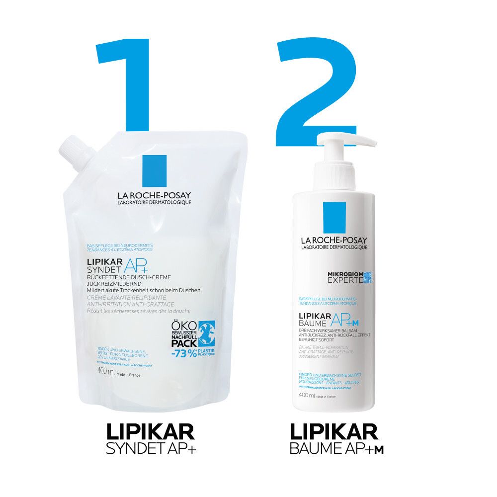 Zwei Produkte: LIPIKAR SYNDET AP+ und LIPIKAR BAUME AP+M. Beide Produkte sind weiß mit blauem Logo. 400ml.
