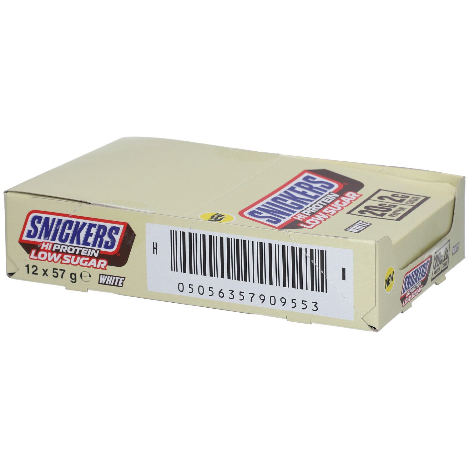 Karton mit SNICKERS Hi Protein Low Sugar. Enthält 12 Riegel. Aufschrift: 20g Protein, 2g Zucker. Barcode.