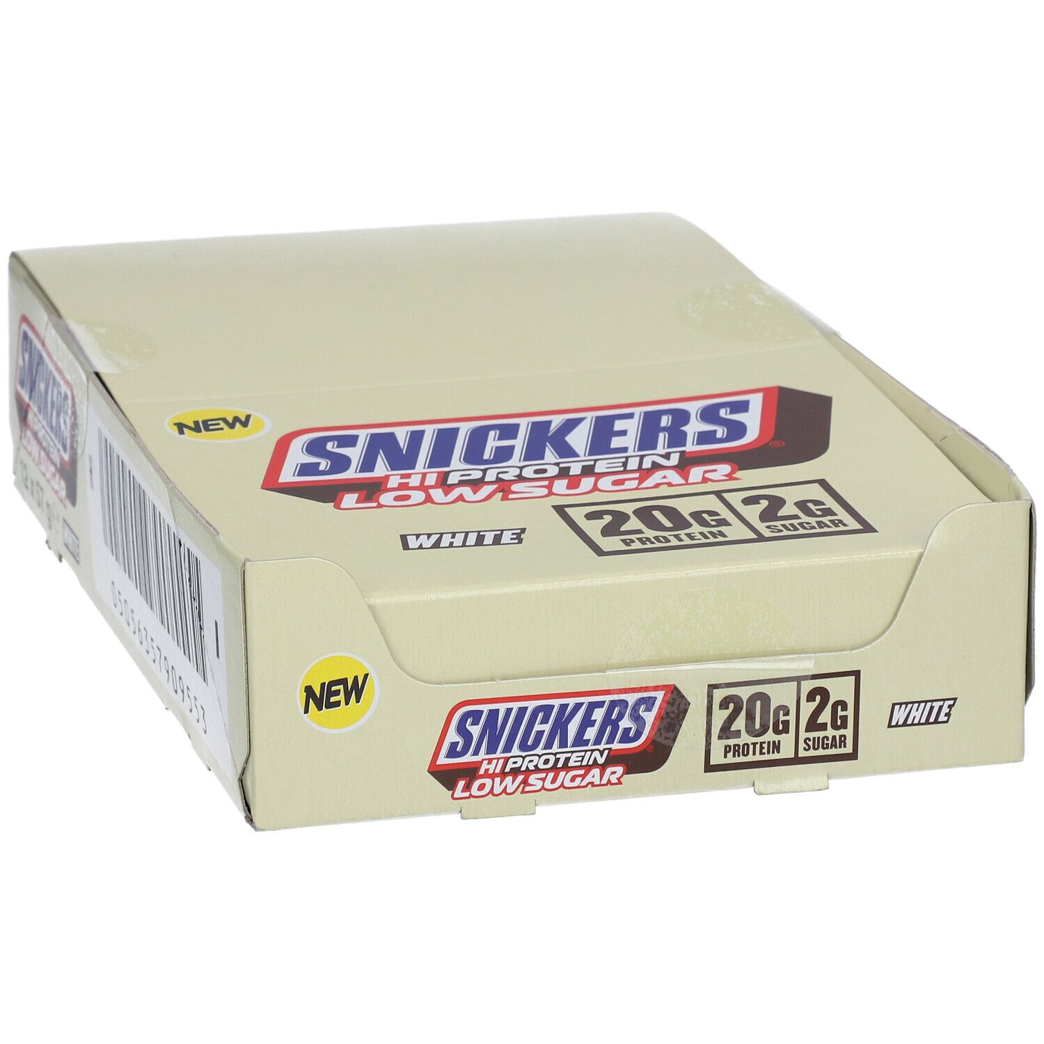 Karton mit SNICKERS Hi Protein Low Sugar. Enthält 12 Riegel. Aufschrift: 20g Protein, 2g Zucker. Neues Design.