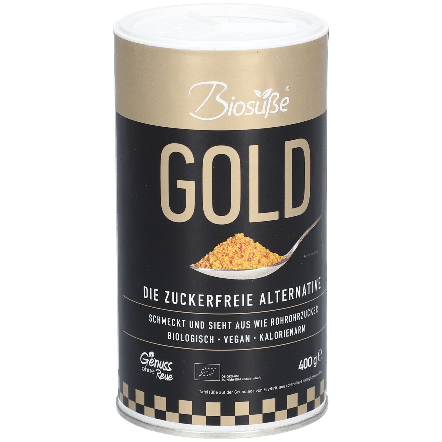 Biosüße GOLD Dose. Schwarzer Hintergrund, goldener Deckel. Text: Die zuckerfreie Alternative, vegan, kalorienarm. 400g.