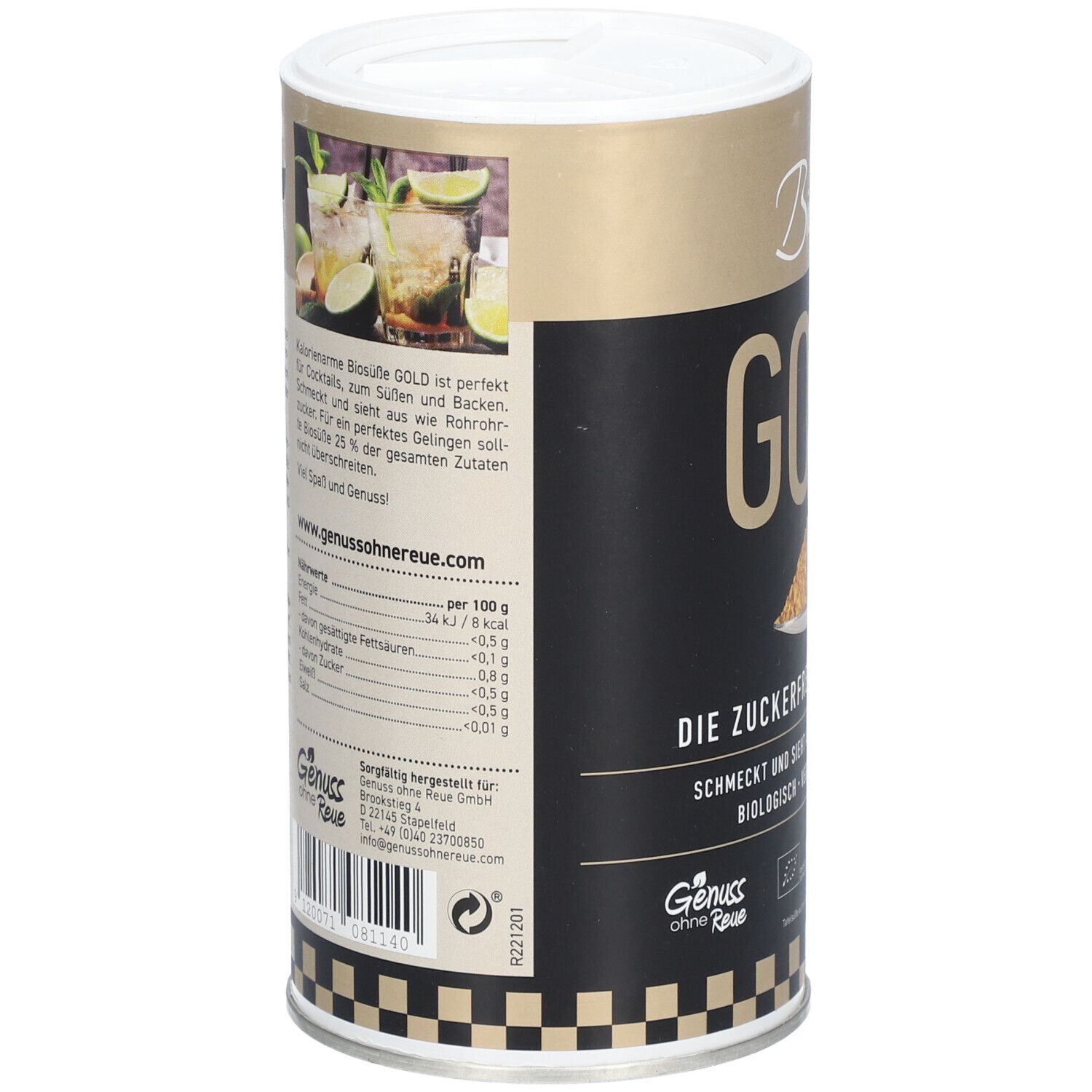 Biosüße GOLD Dose. Rückseite mit Text und Nährwertangaben. Abbildung von Cocktails. Genuss ohne Reue Logo. Barcode.