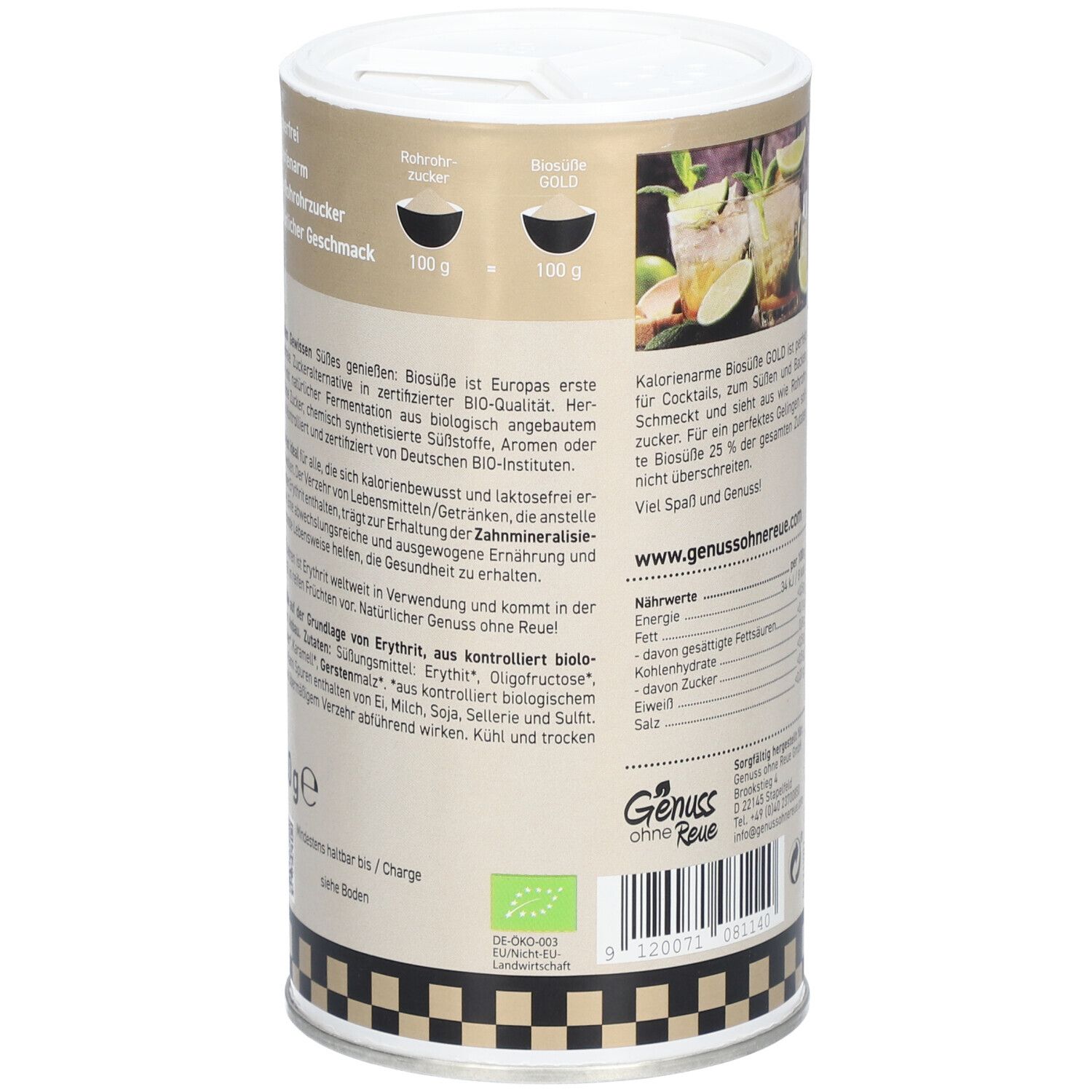 Biosüße GOLD Dose. Detailansicht der Rückseite mit Text und Nährwertangaben. Bio-Siegel. Genuss ohne Reue Logo.