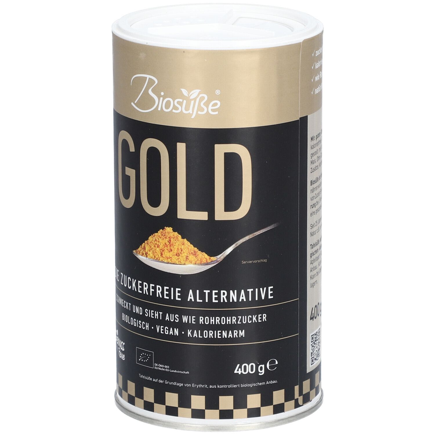 Biosüße GOLD Dose. Schwarzer Hintergrund, goldener Deckel. Text: Die zuckerfreie Alternative, vegan, kalorienarm. 400g.