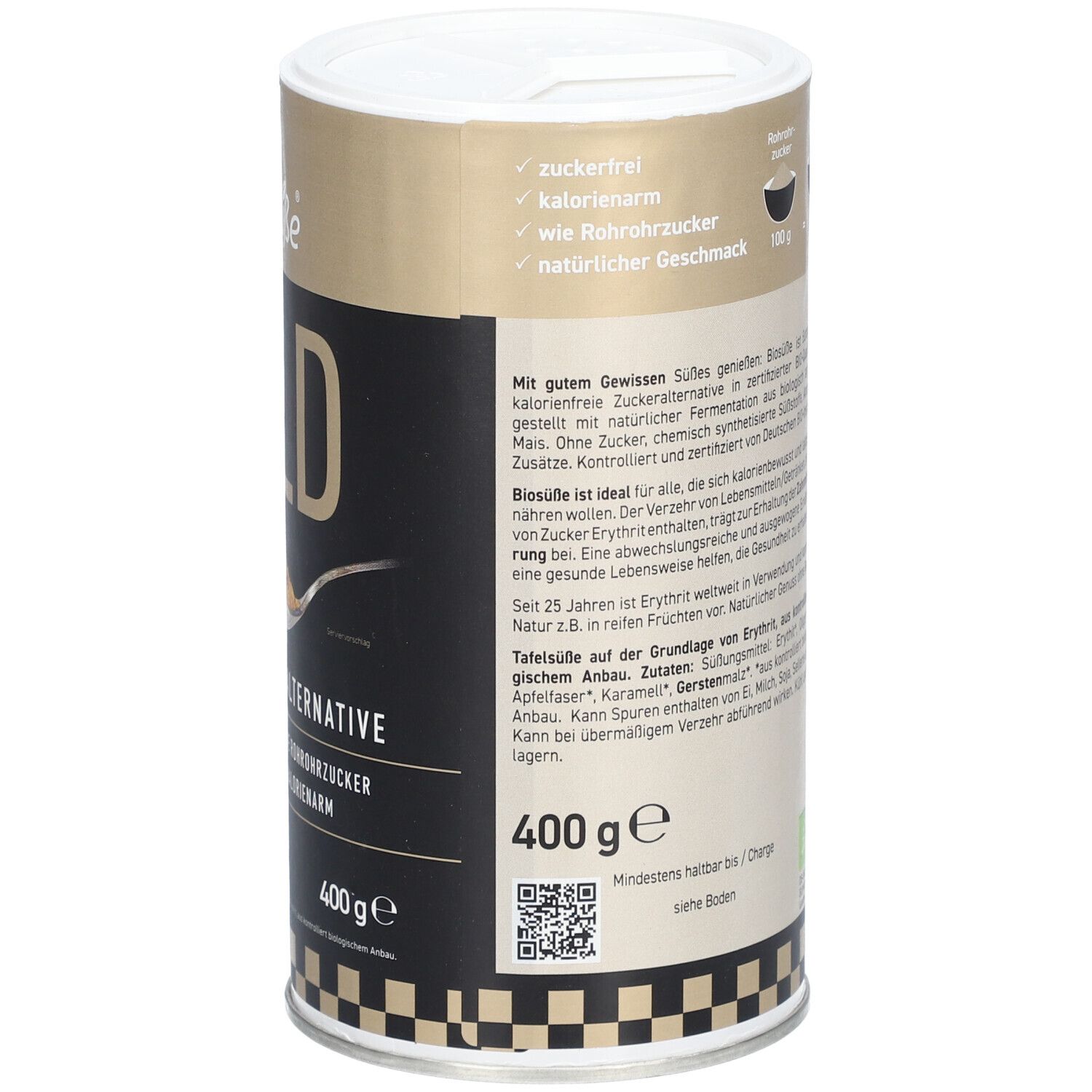 Biosüße GOLD Dose. Rückseite mit Text, Nährwertangaben und QR-Code. 400g. Mindestens haltbar bis/Charge.