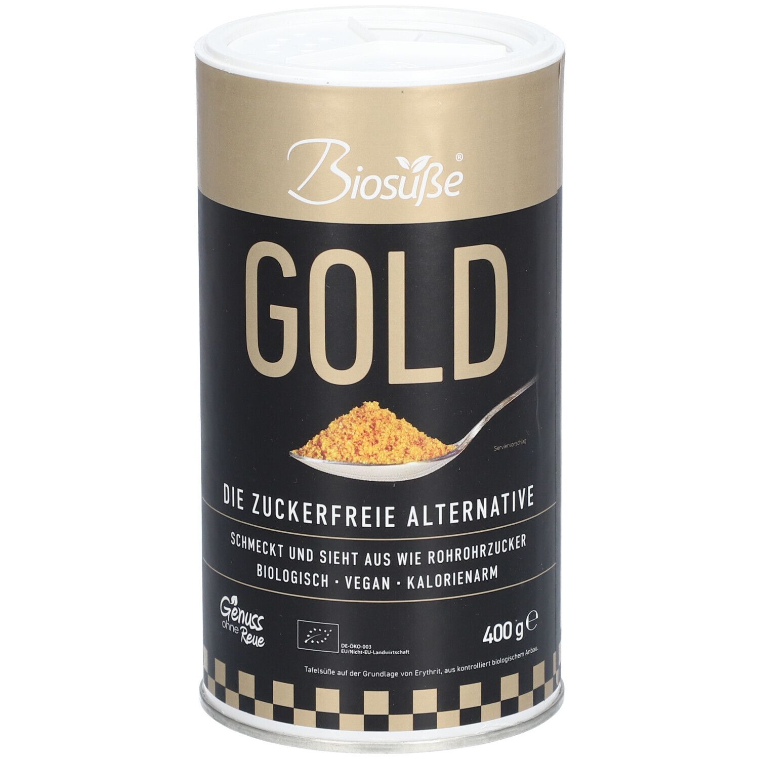 Biosüße GOLD Dose. Schwarzer Hintergrund, goldener Deckel. Text: Die zuckerfreie Alternative, vegan, kalorienarm. 400g.