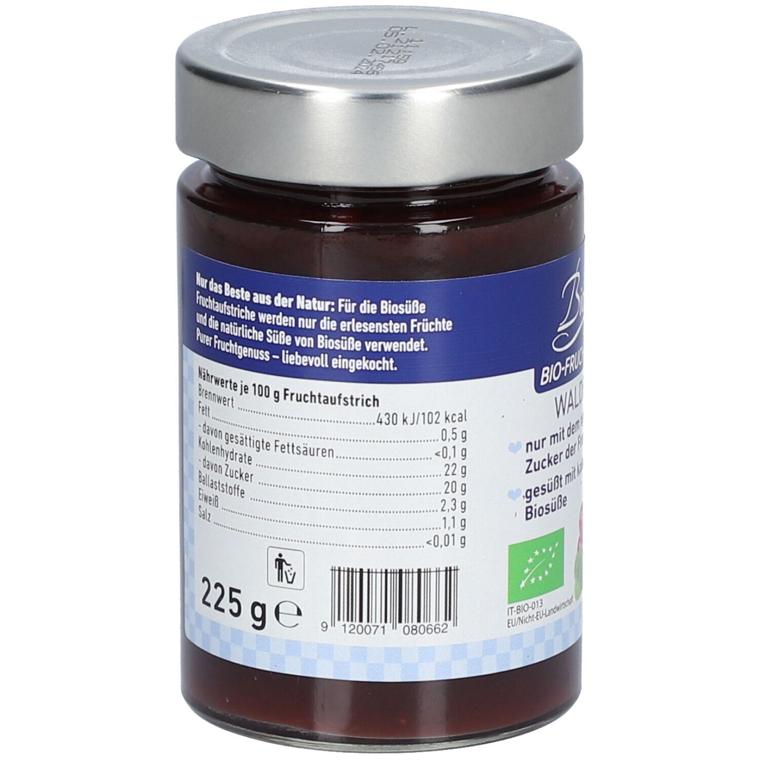 Rückseite des Glases mit BIOSÜSSE Bio-Fruchtaufstrich. Nährwertangaben, Zutatenliste, 225g, Barcode. Bio-Siegel.