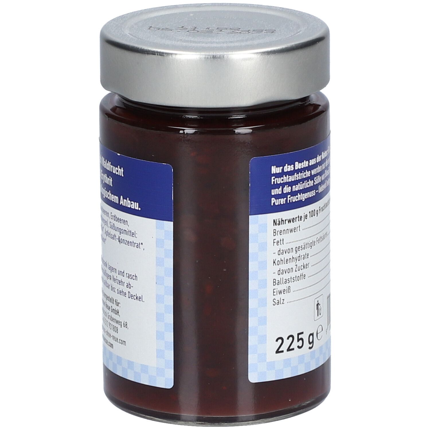Rückseite des Glases mit BIOSÜSSE Bio-Fruchtaufstrich. Nährwertangaben, Zutatenliste, 225g. Bio-Siegel.