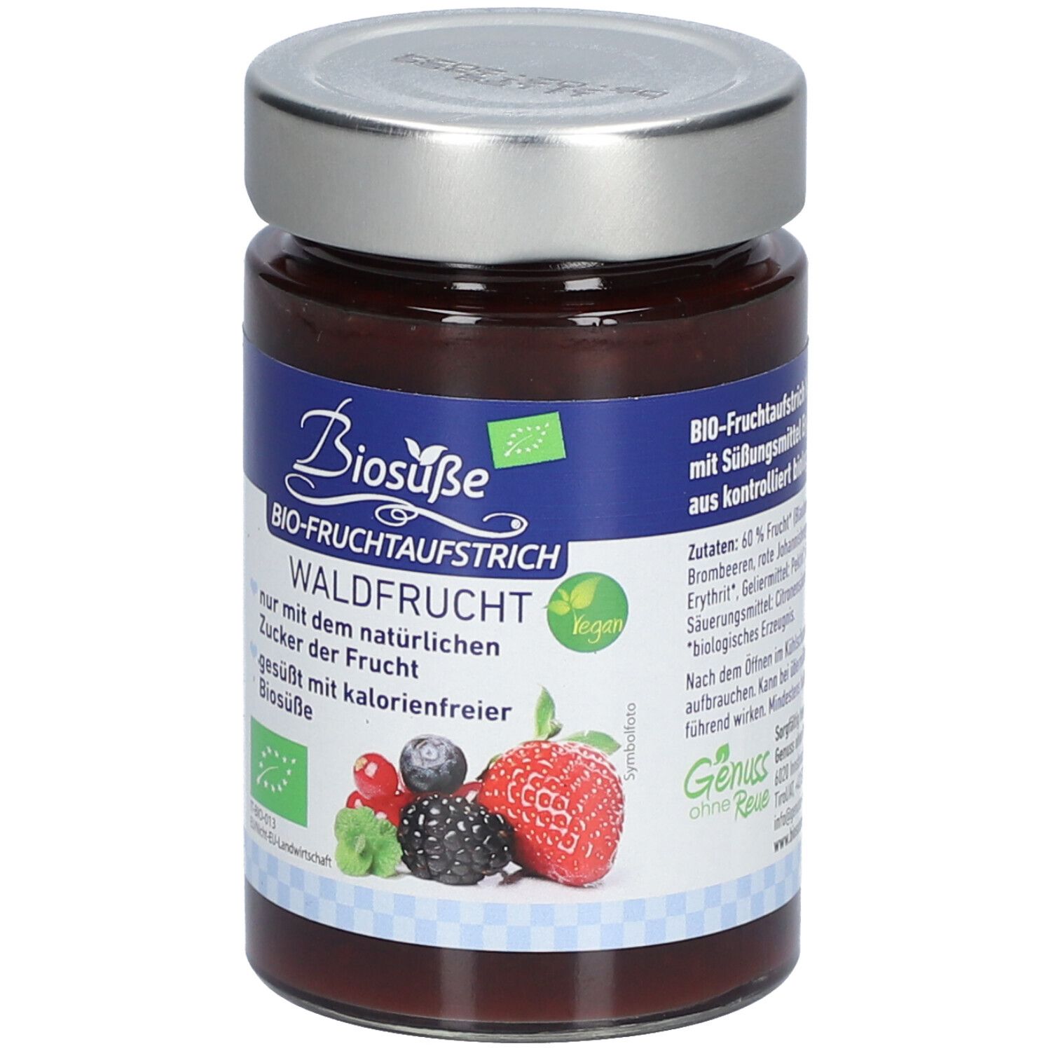 Glas mit BIOSÜSSE Bio-Fruchtaufstrich Waldfrucht. Deckel silberfarben, Etikett mit Früchten und Logo. Bio-Siegel.