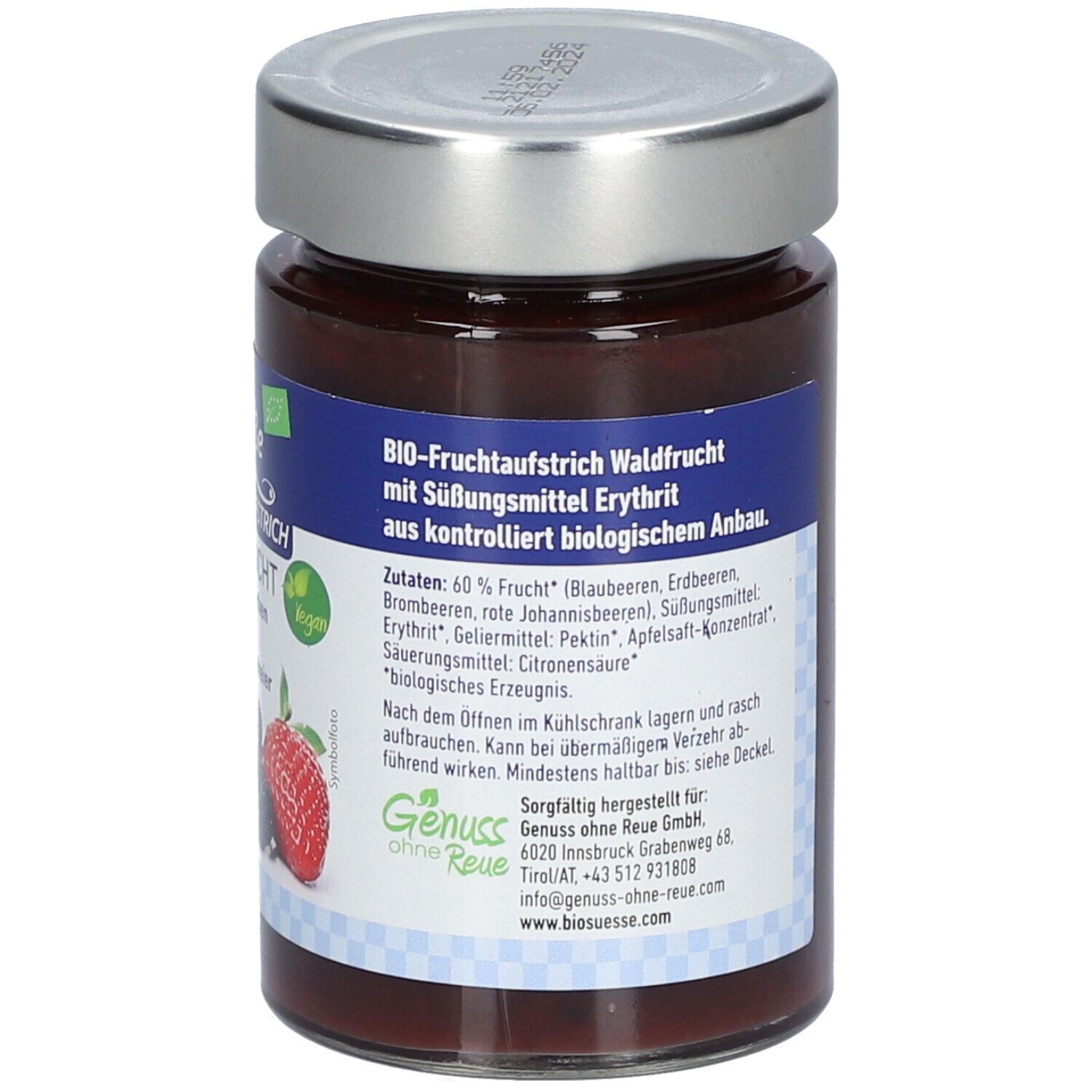 Rückseite des Glases mit BIOSÜSSE Bio-Fruchtaufstrich. Zutatenliste, Bio-Siegel, Logo. Informationen zum Hersteller.