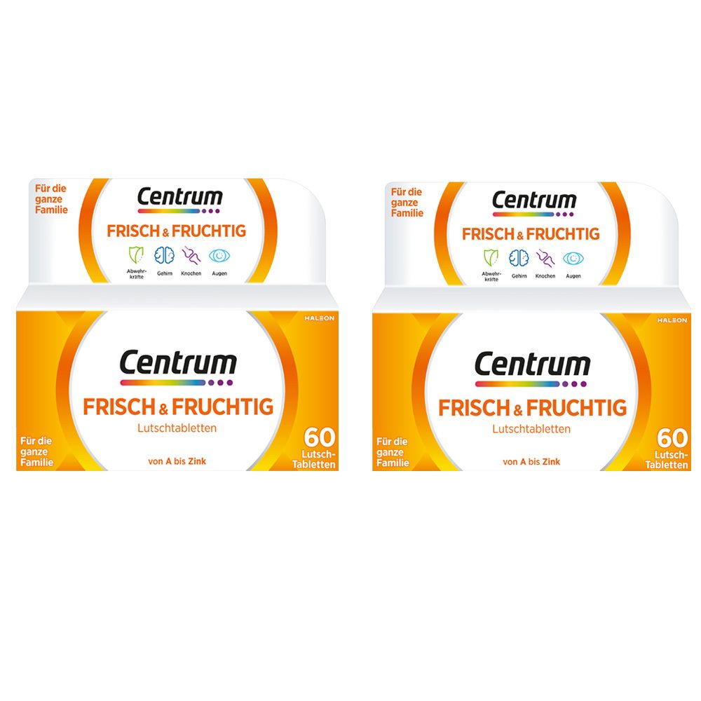 Zwei Packungen Centrum Frisch & Fruchtig Lutschtabletten. Aufdruck: Für die ganze Familie, 60 Tabletten.