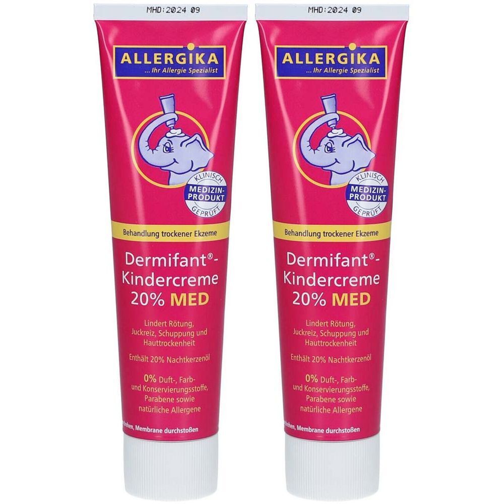 Zwei Tuben Dermifant Kindercreme 20% MED. Rosa Tuben mit weißem Verschluss. Logo mit Elefant und Text.
