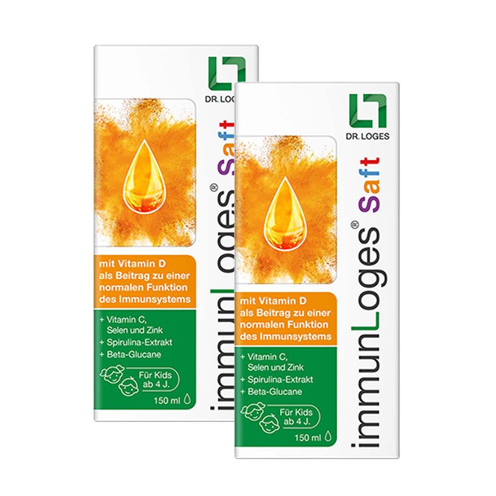 Zwei Kartons immunLoges® Saft. Aufdruck: Vitamin D, C, Selen, Zink. Kind mit blauem Outfit rennt. 150 ml.