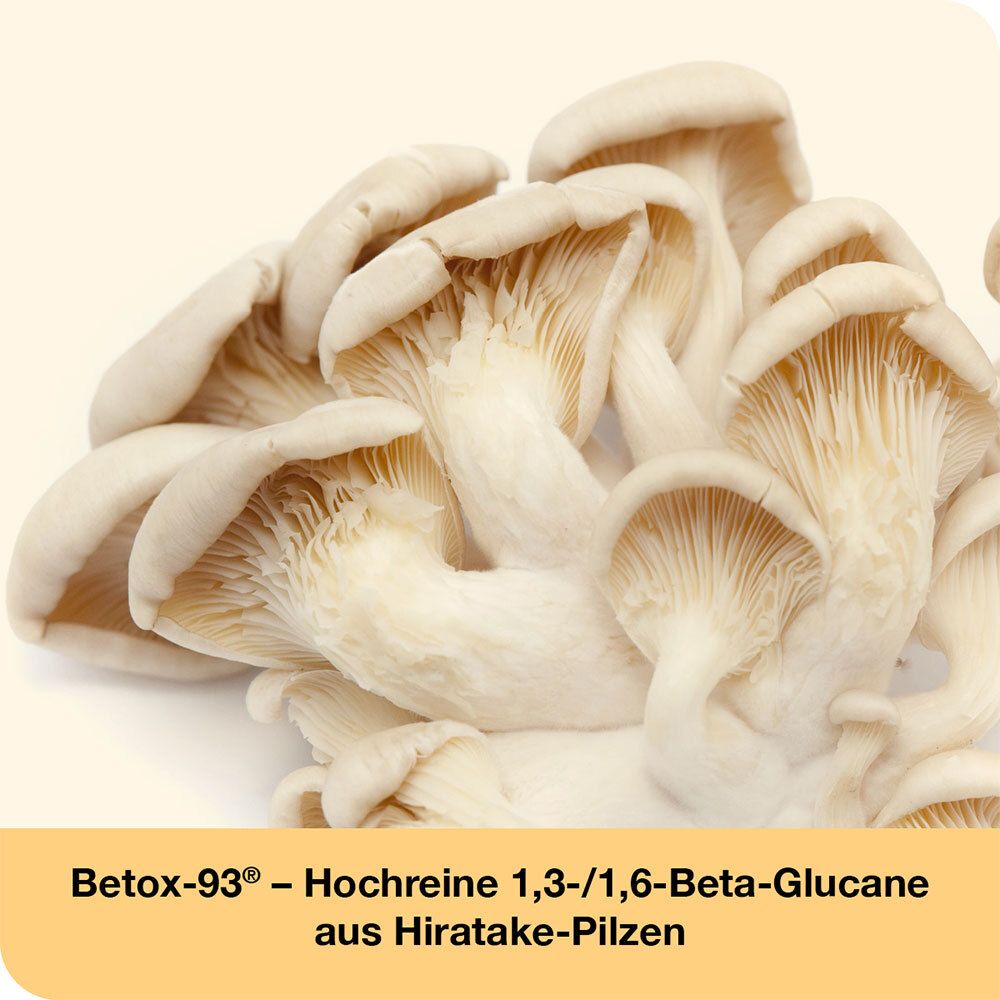 Haufen weißer Hiratake-Pilze. Text: Betox-93® - Hochreine 1,3-/1,6-Beta-Glucane aus Hiratake-Pilzen.